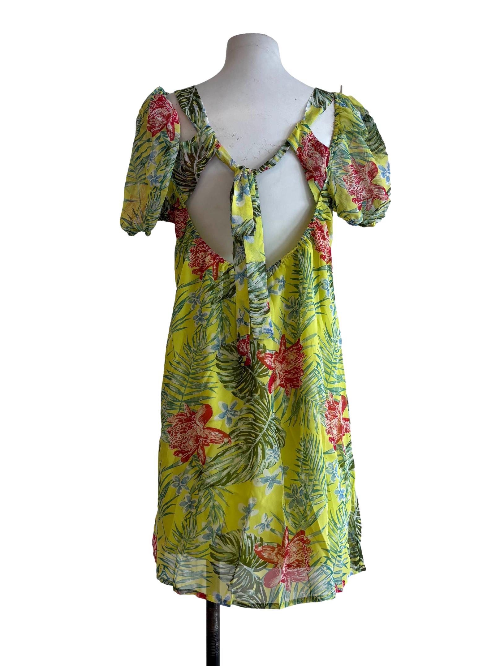 Neon Yellow Floral Print Sweetheart Neckline Dress
