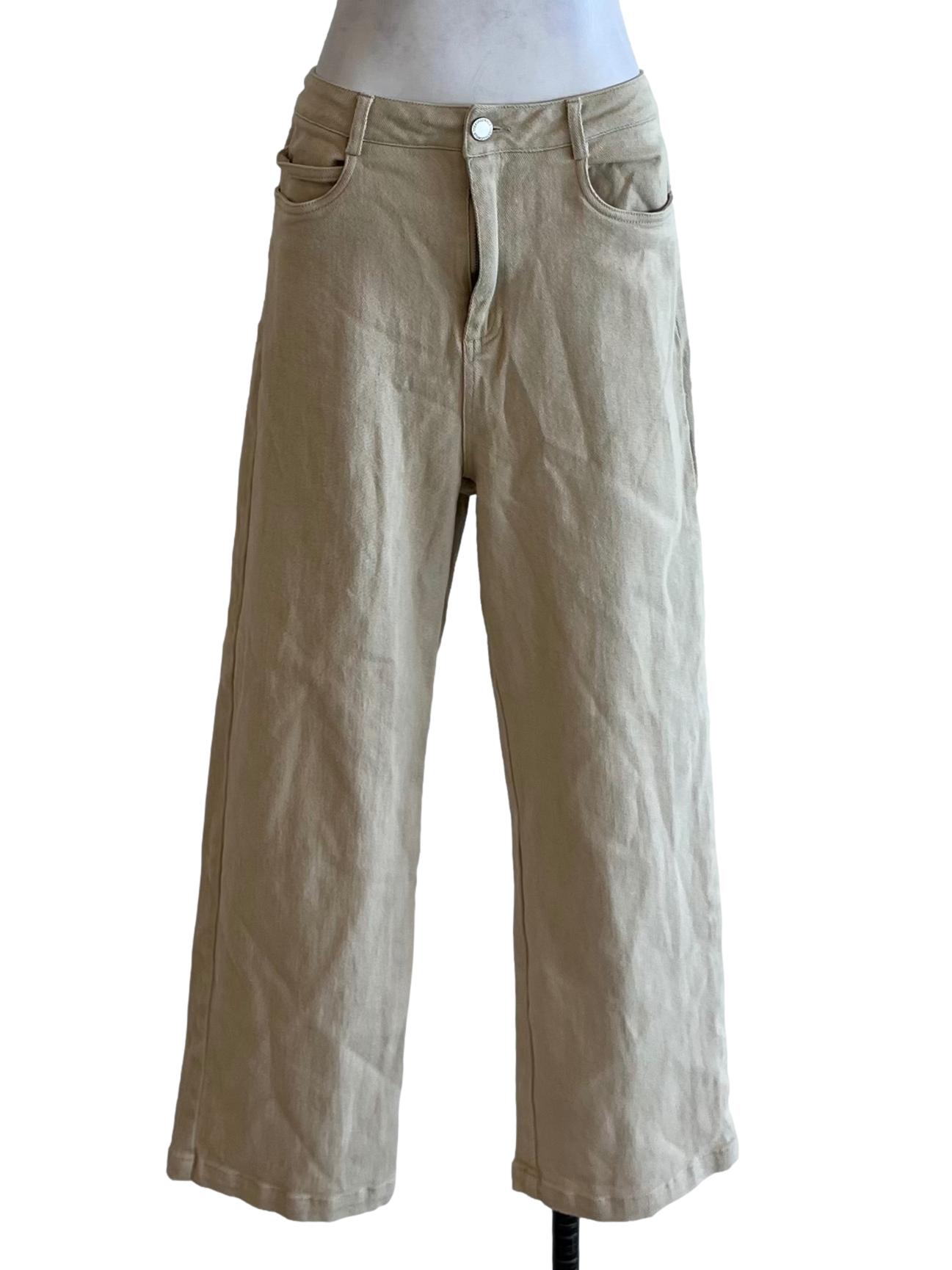 Beige High-Waisted Wide-Leg Jeans
