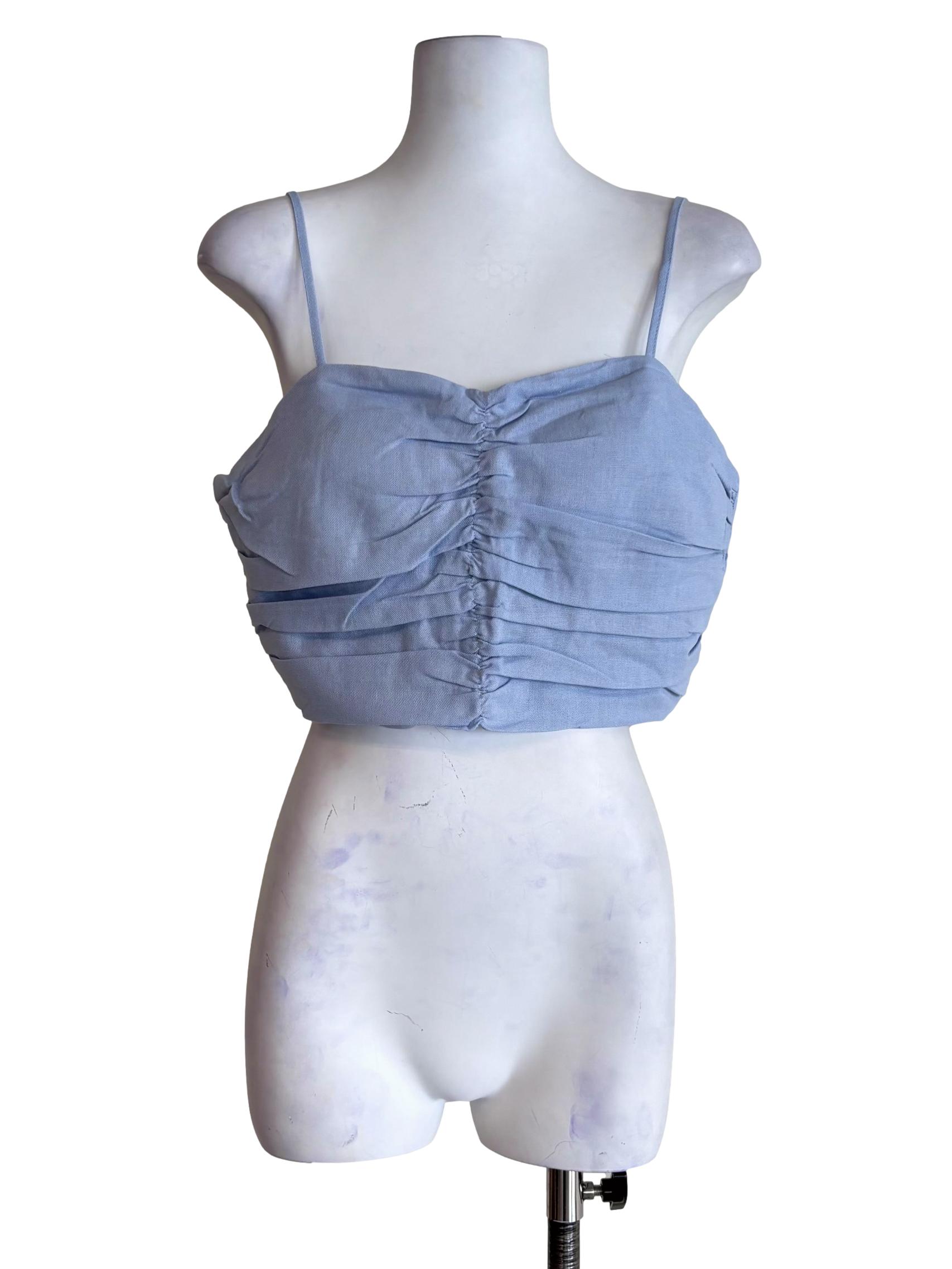 Blue Polina Ruched Linen Crop Top