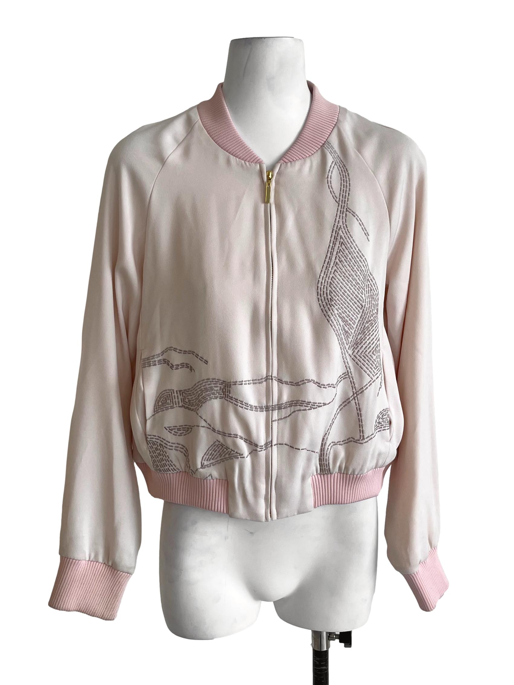 Salmon Pink Embroidered Bomber Jacket