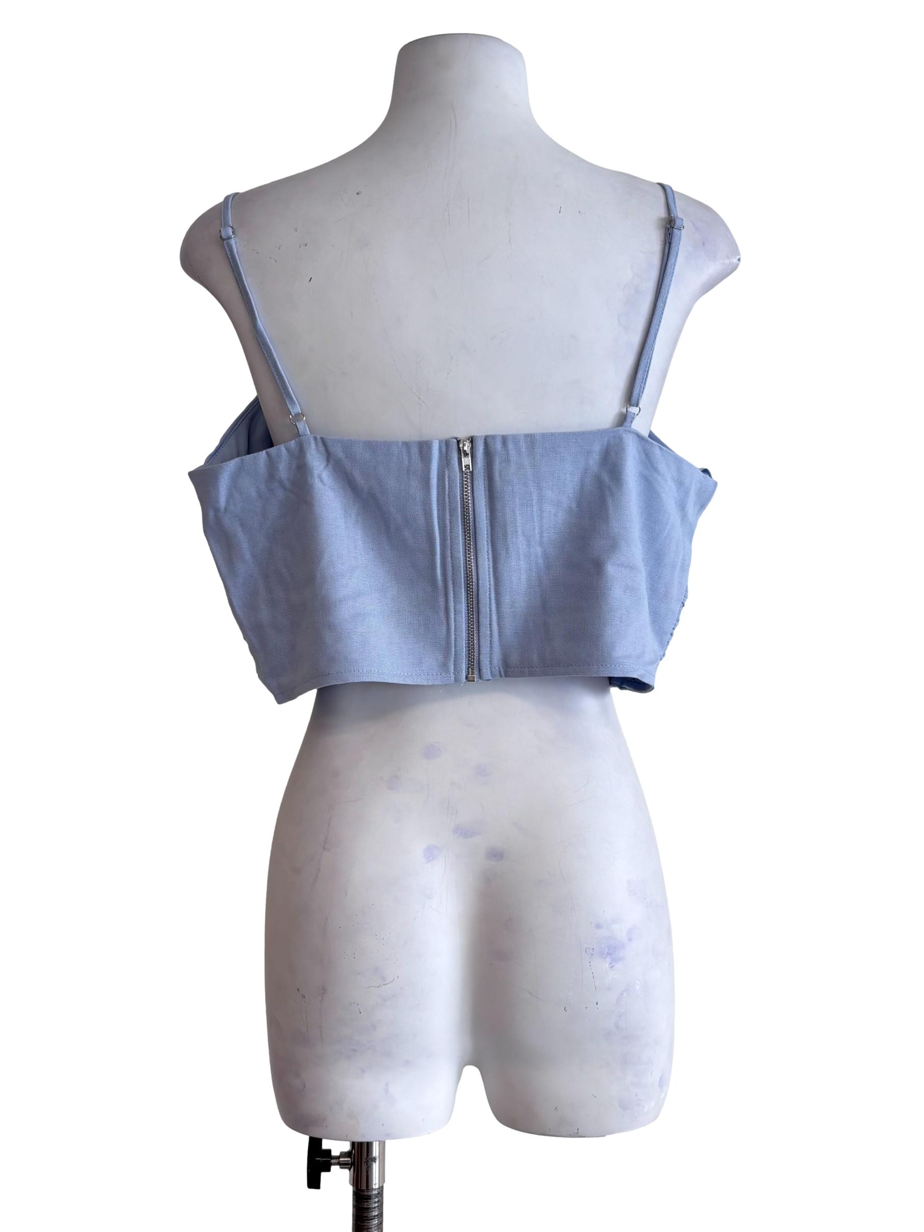 Blue Polina Ruched Linen Crop Top