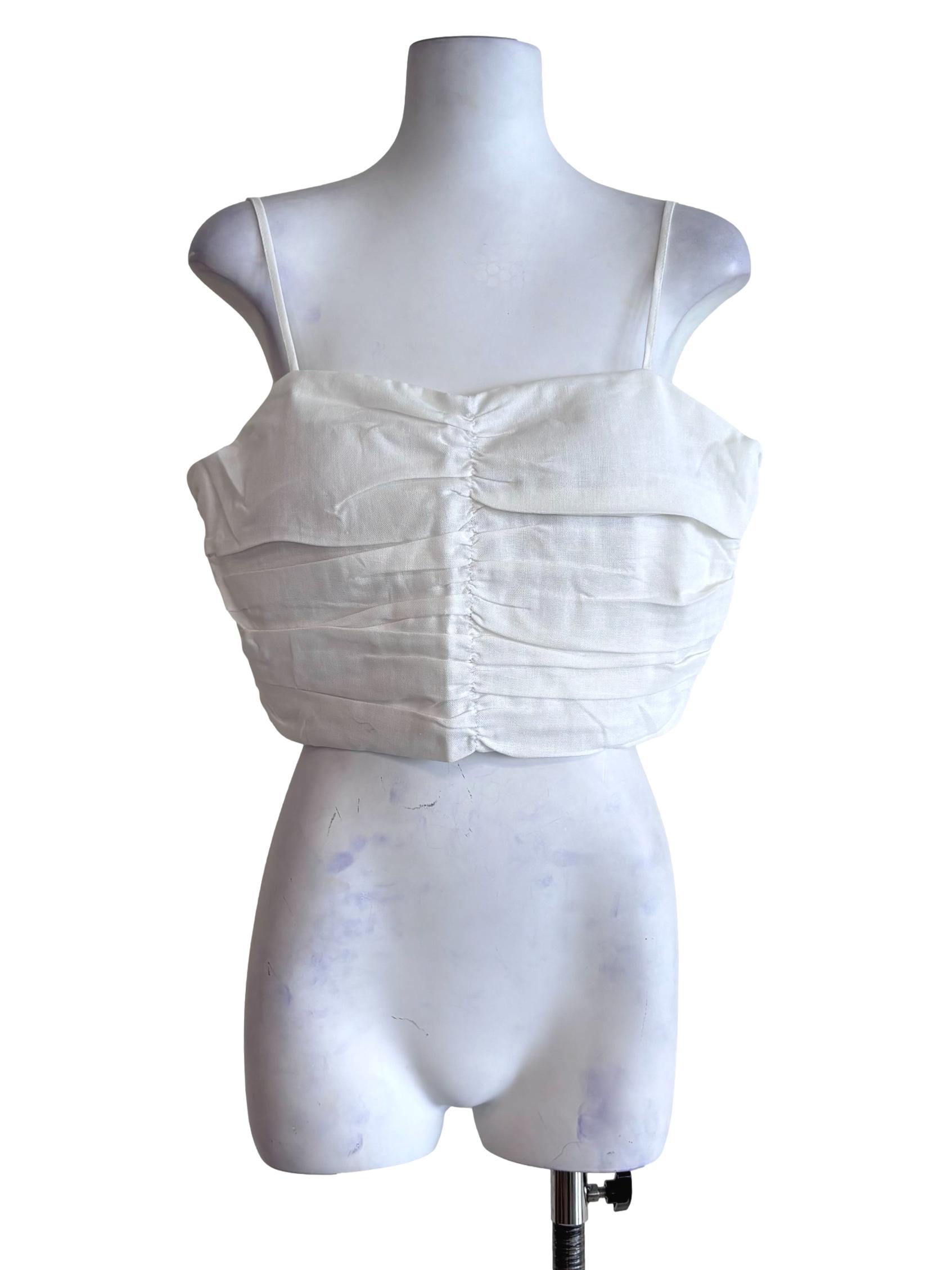 White Polina Ruched Linen Crop Top