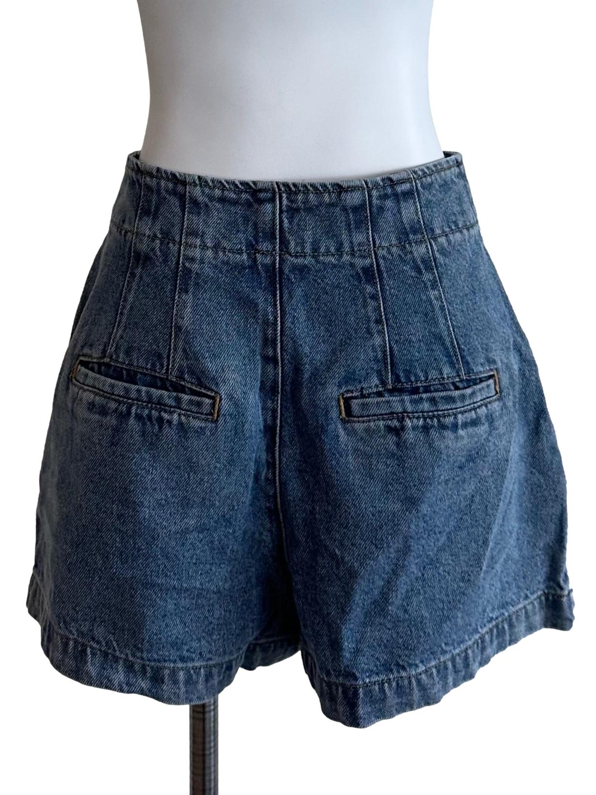 Medium Blue Box Pleated Denim Shorts