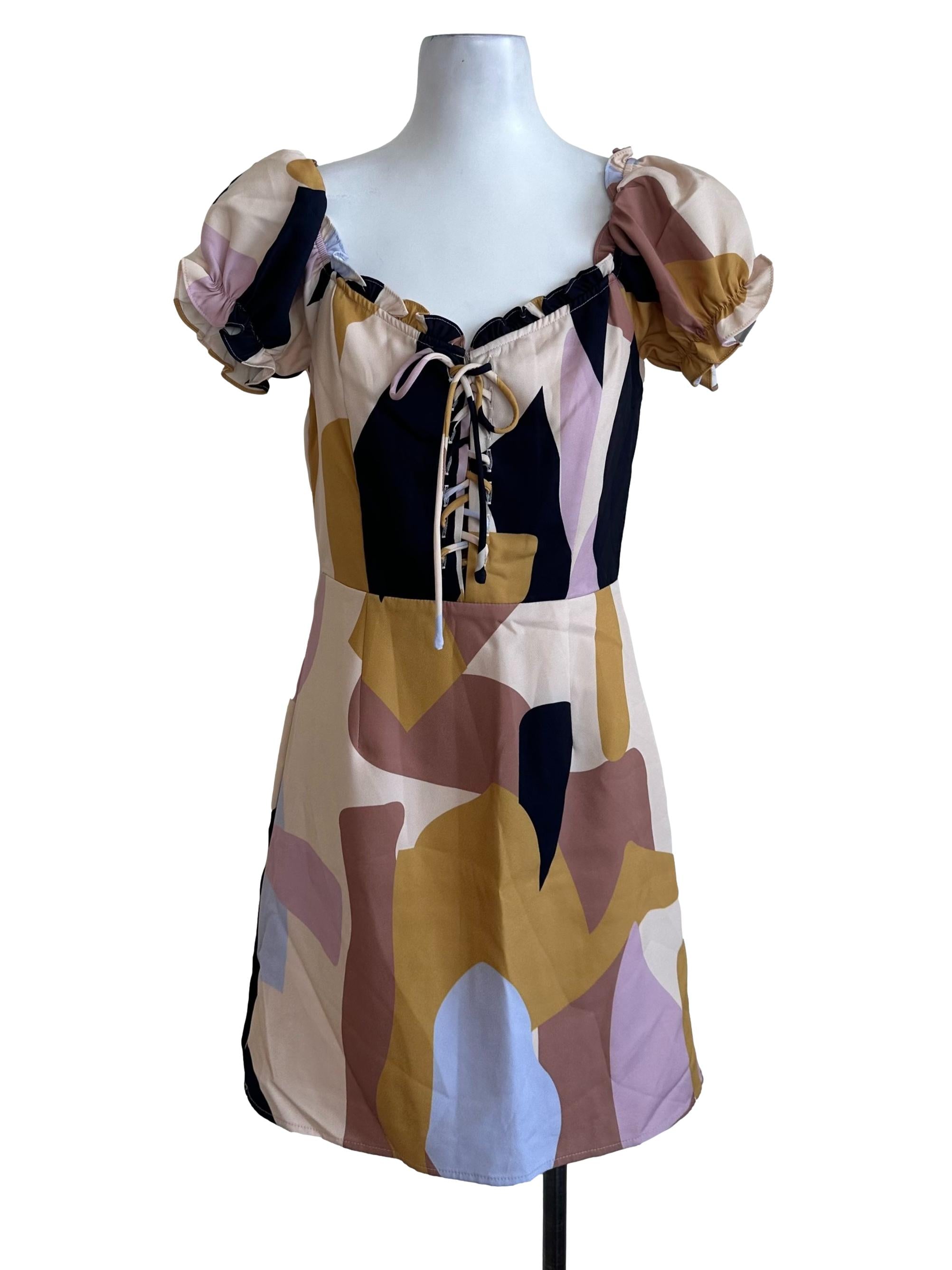 Multicolour Abstract Pattern Front Tie Dress