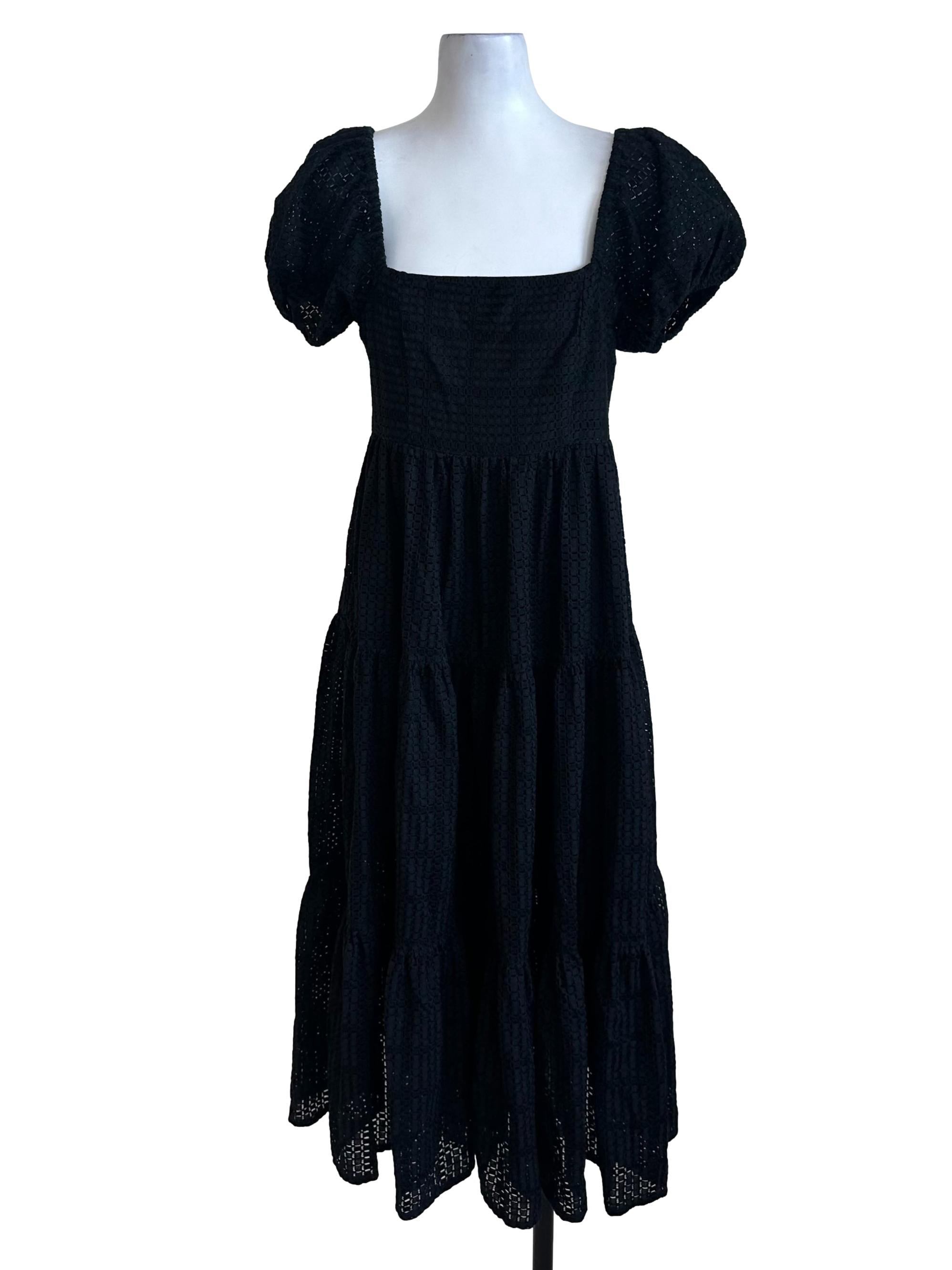 Raven Black Textured Square Neck Tiered Dress