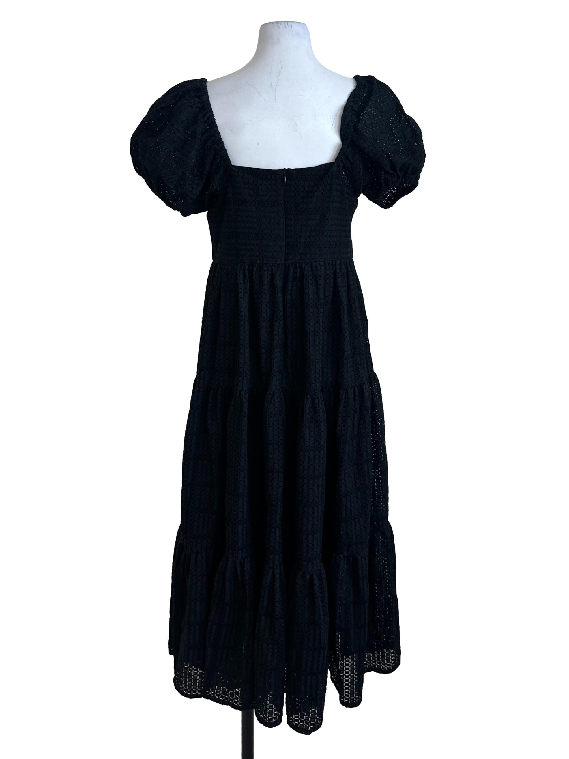 Raven Black Textured Square Neck Tiered Dress
