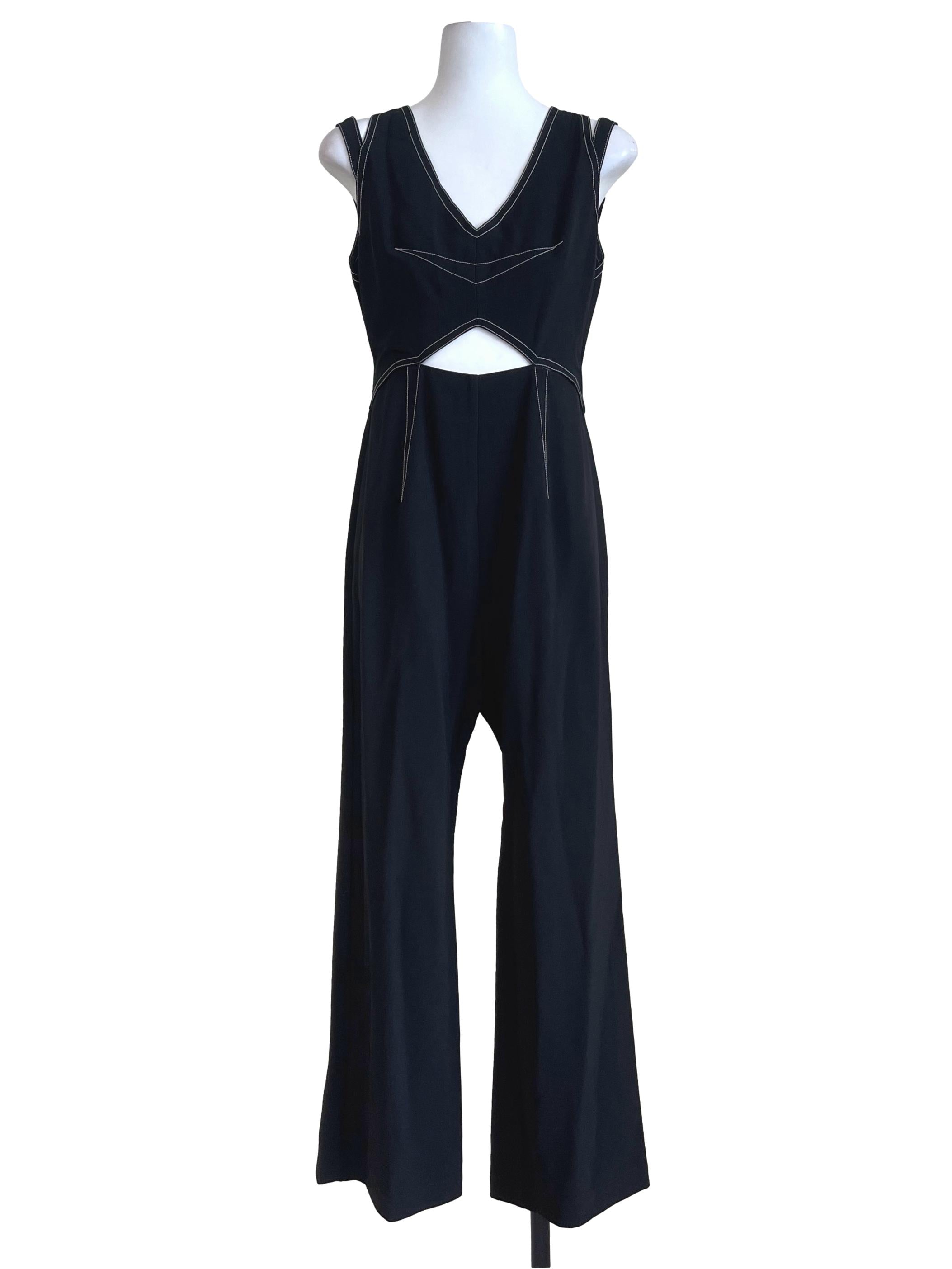 Black V Neck Contrast Topstitch Jumpsuit With Cutout Detail