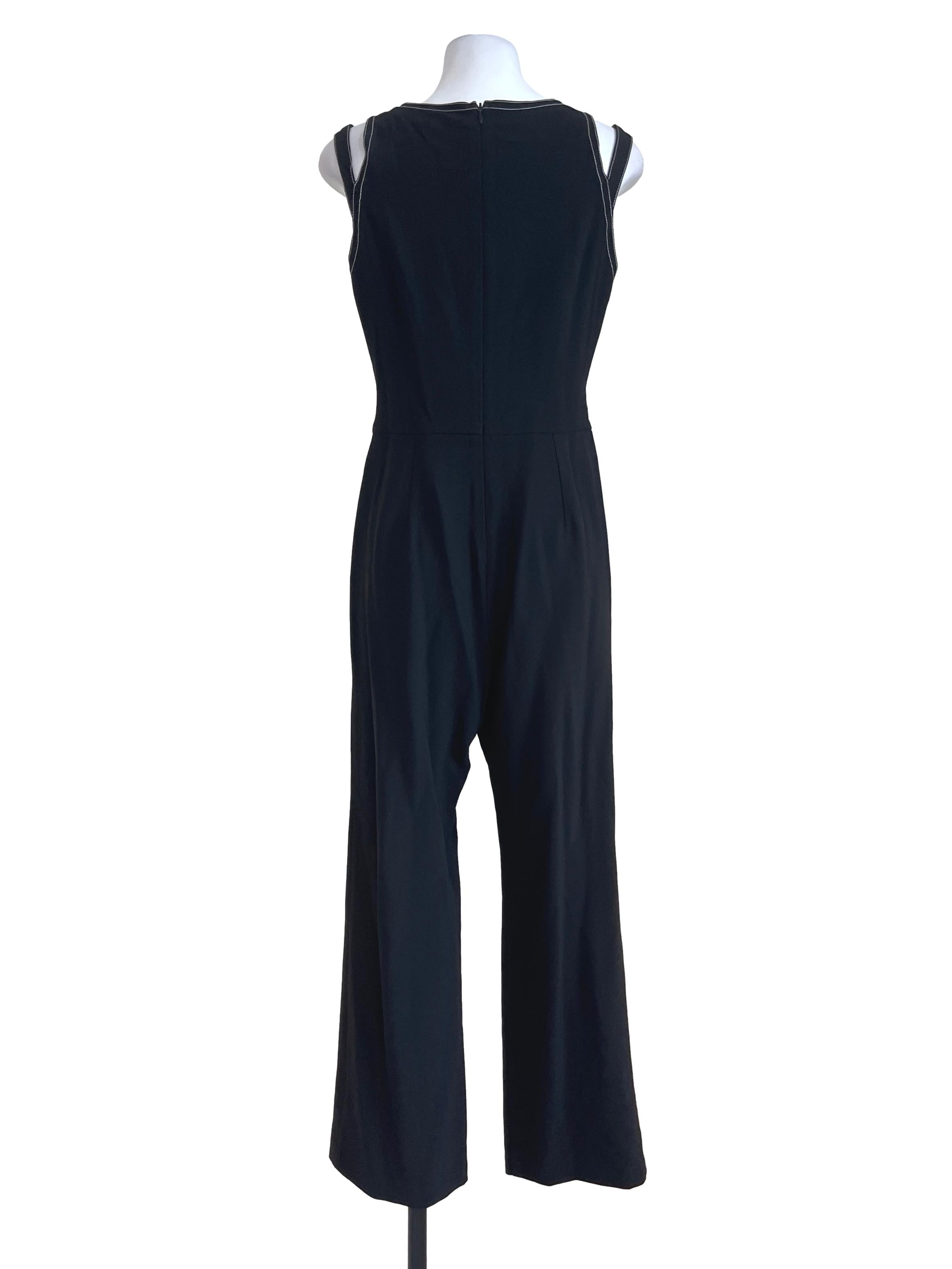 Black V Neck Contrast Topstitch Jumpsuit With Cutout Detail