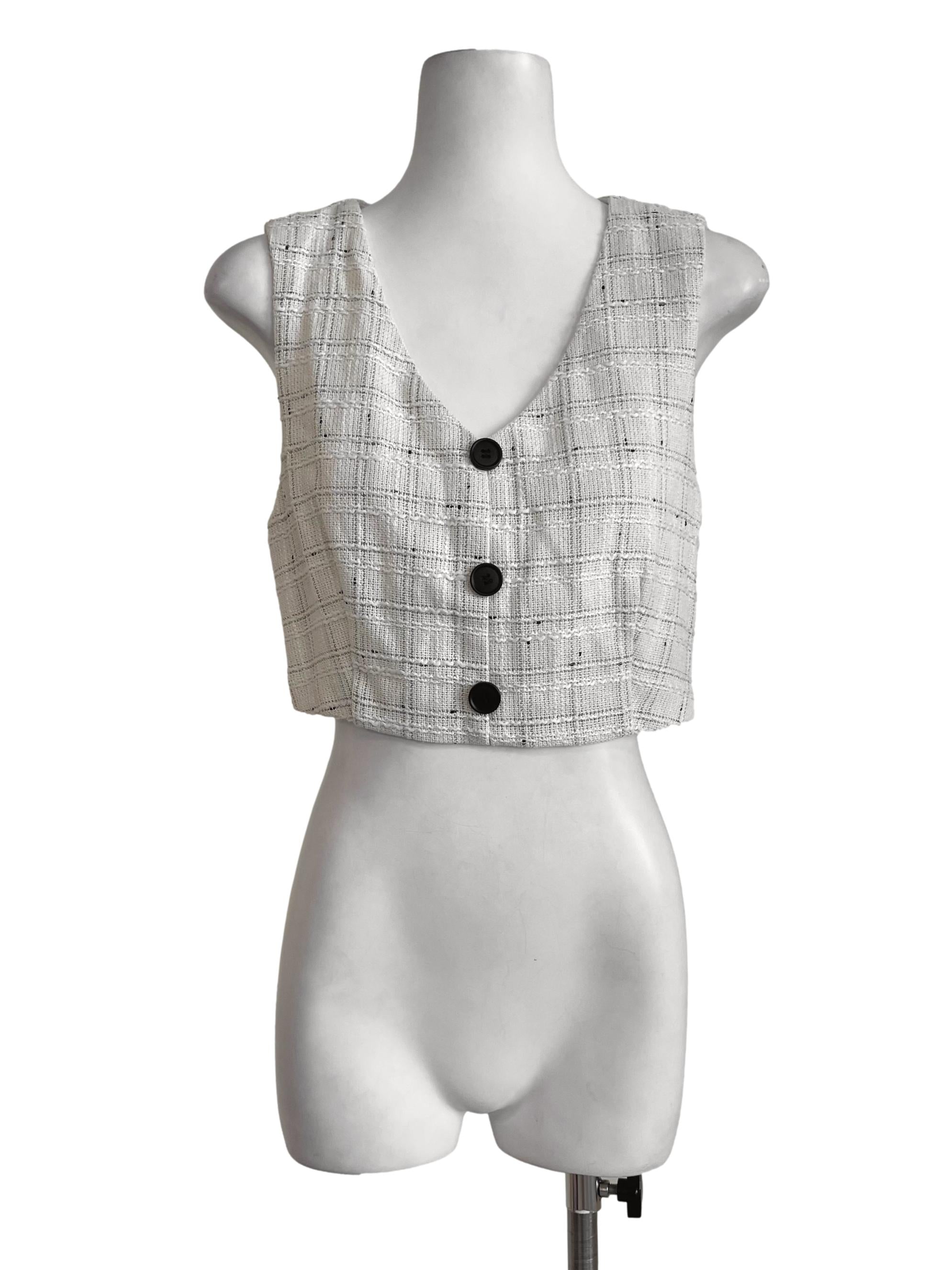 White Tweed Button Crop Top
