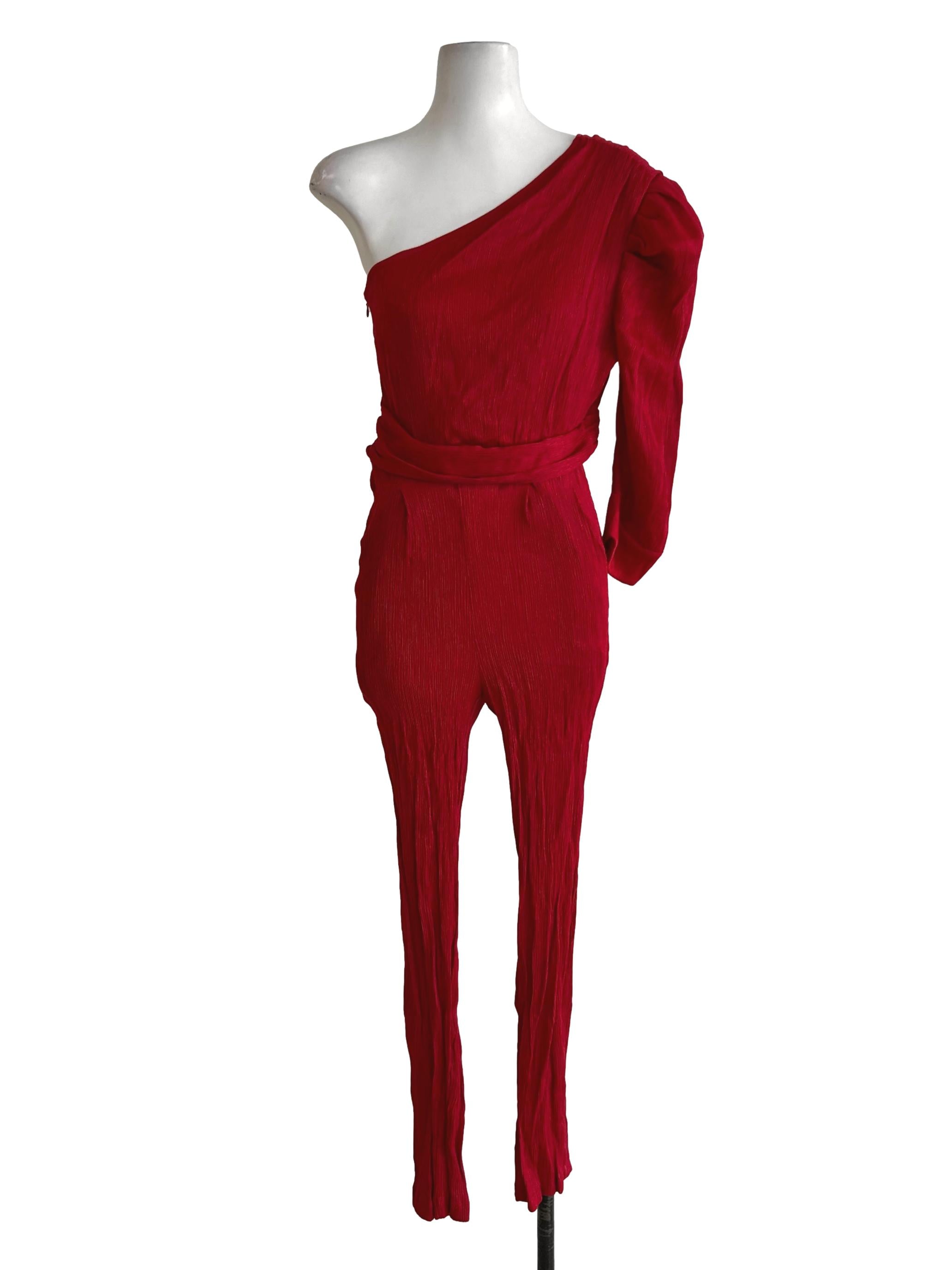 Hot Red Crinkle One Sholder Jumpsuit