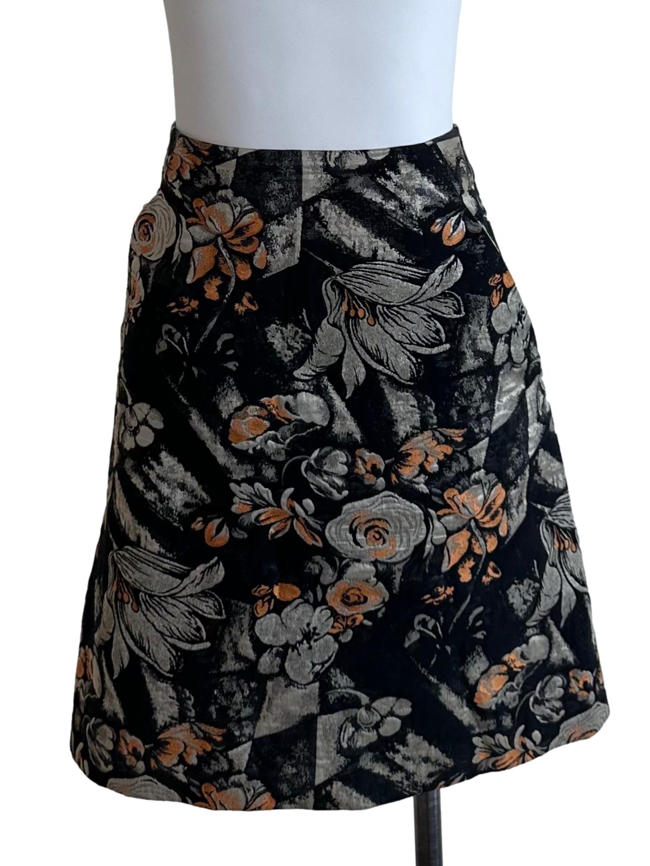 Charcoal Black Floral Brocade Skirt