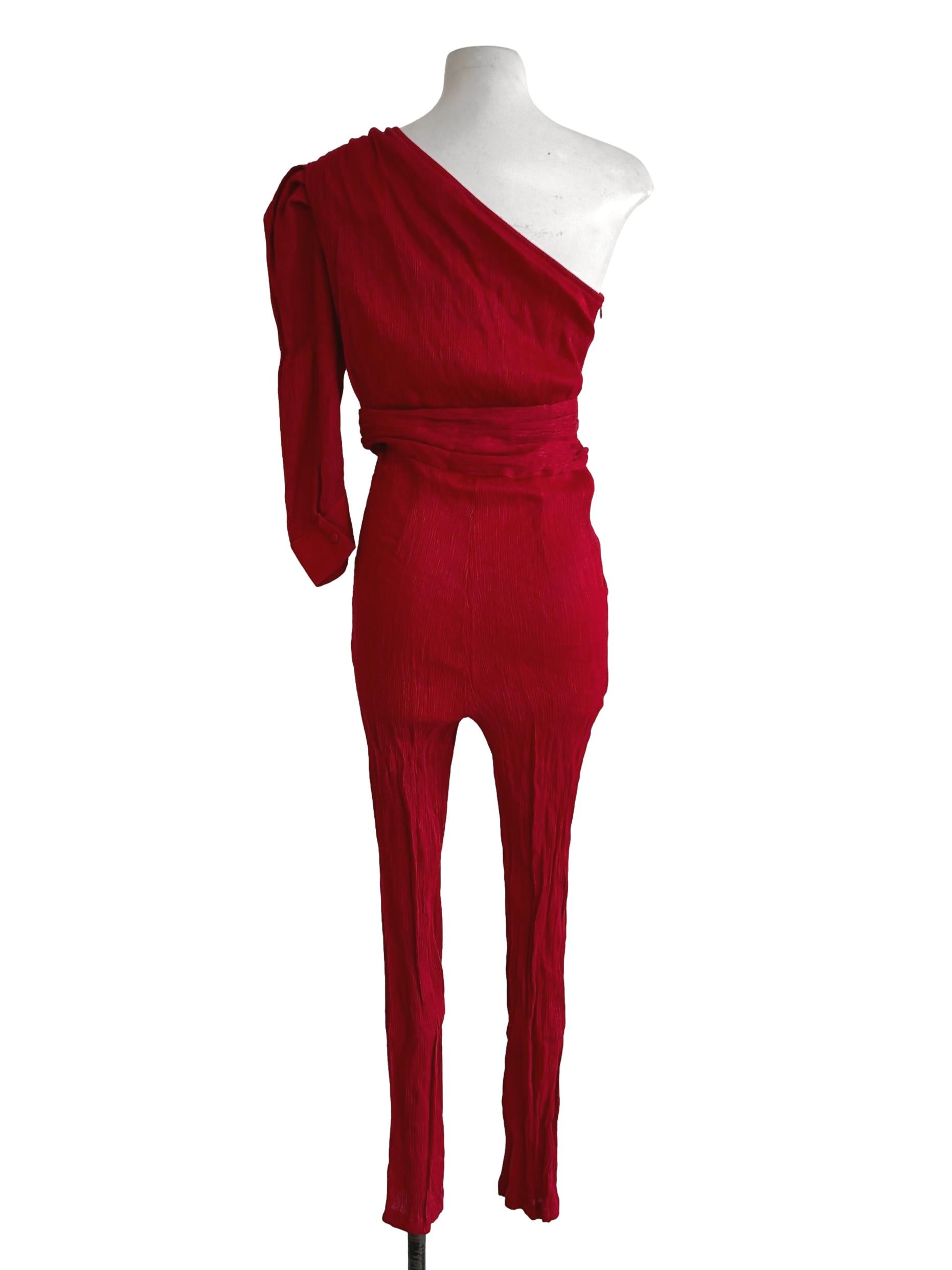 Hot Red Crinkle One Sholder Jumpsuit