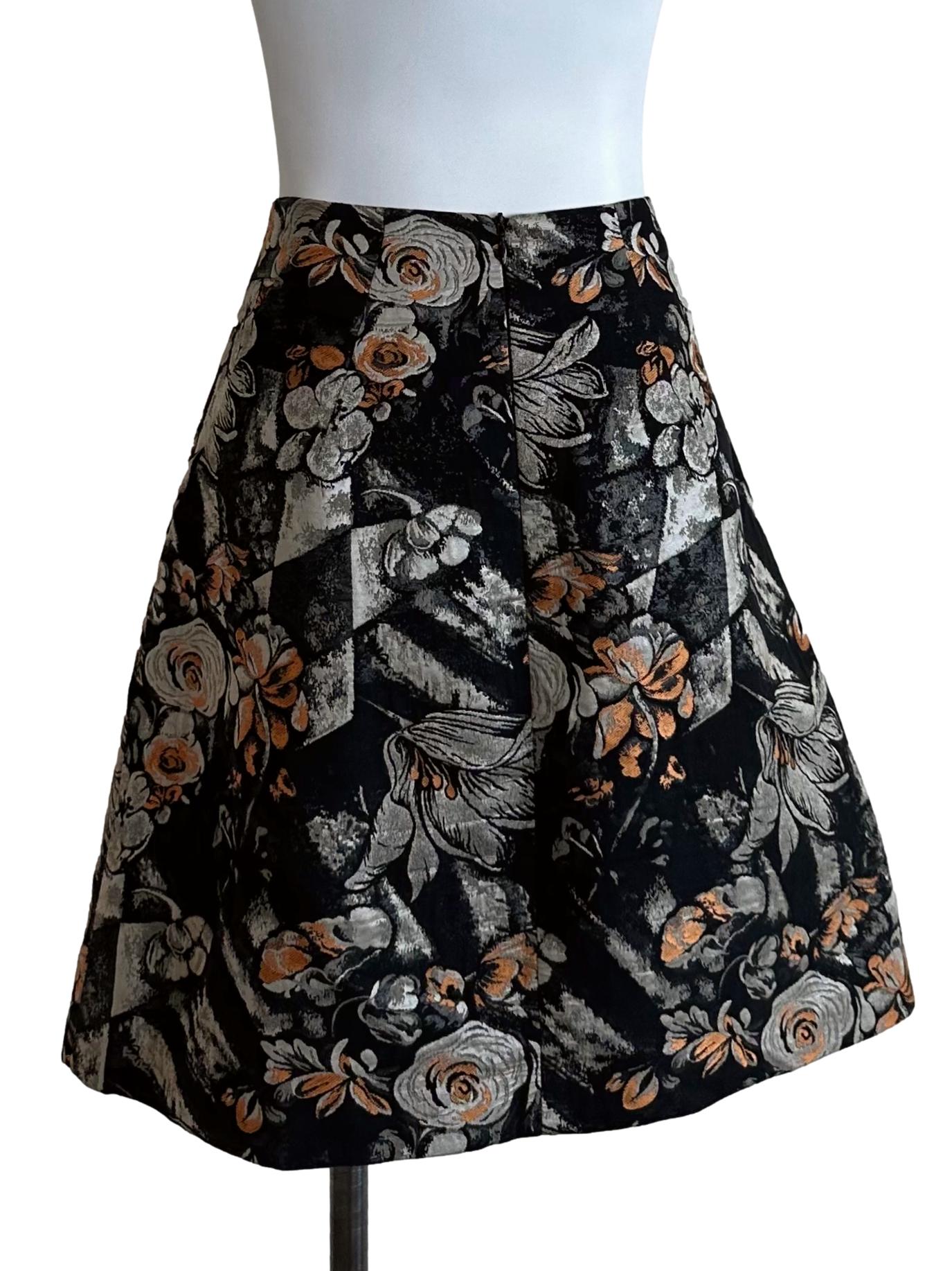 Charcoal Black Floral Brocade Skirt