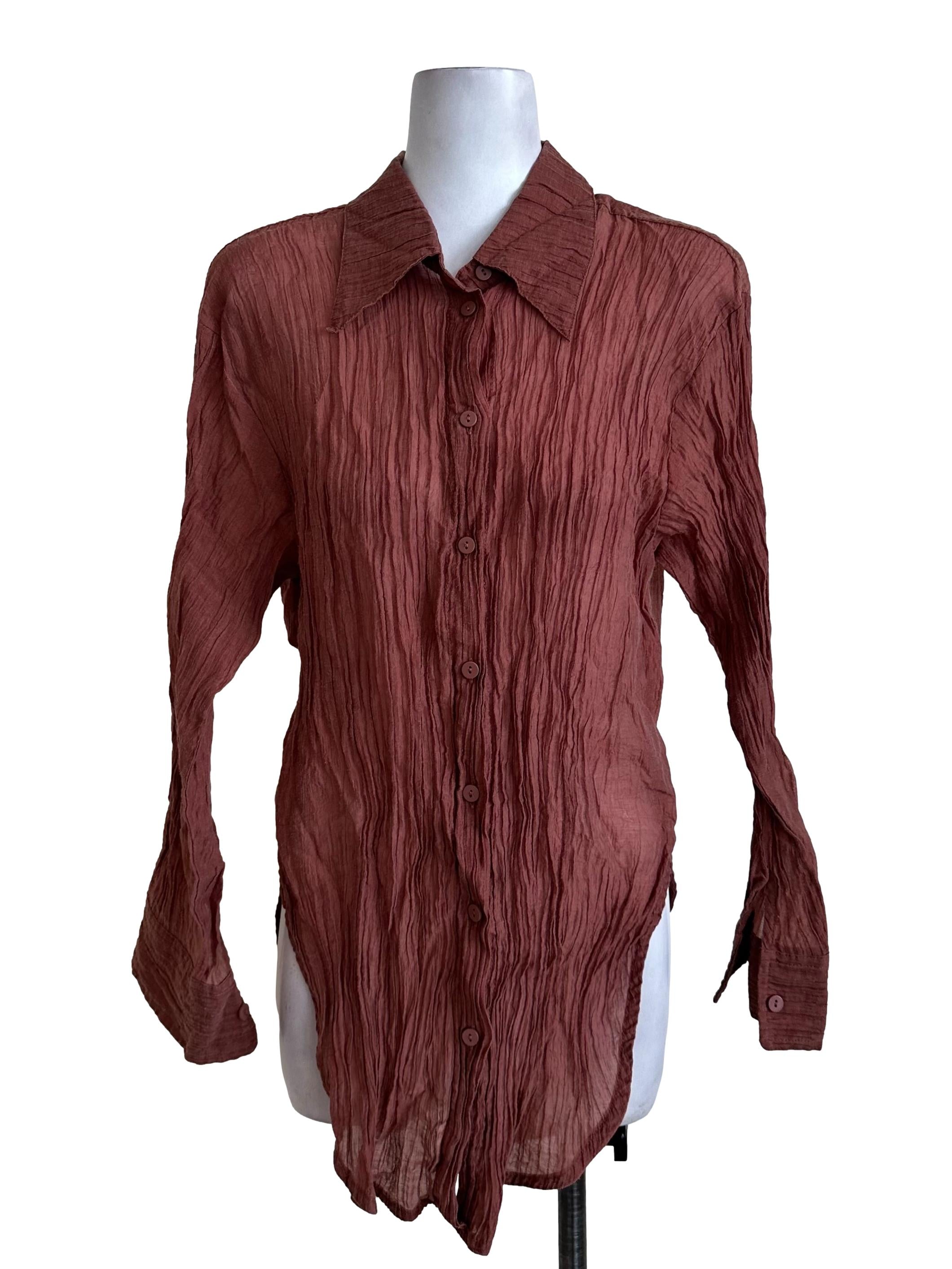 Brick Red Crumpled Collar Button Top