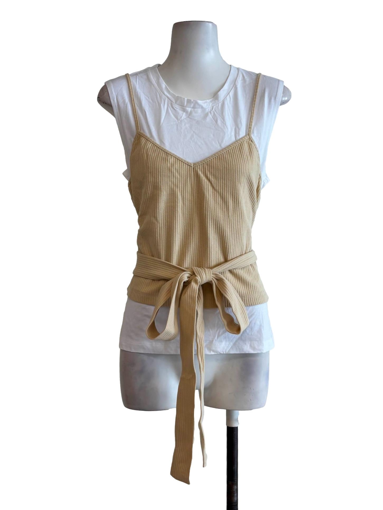White Tee Beige Camisole Top