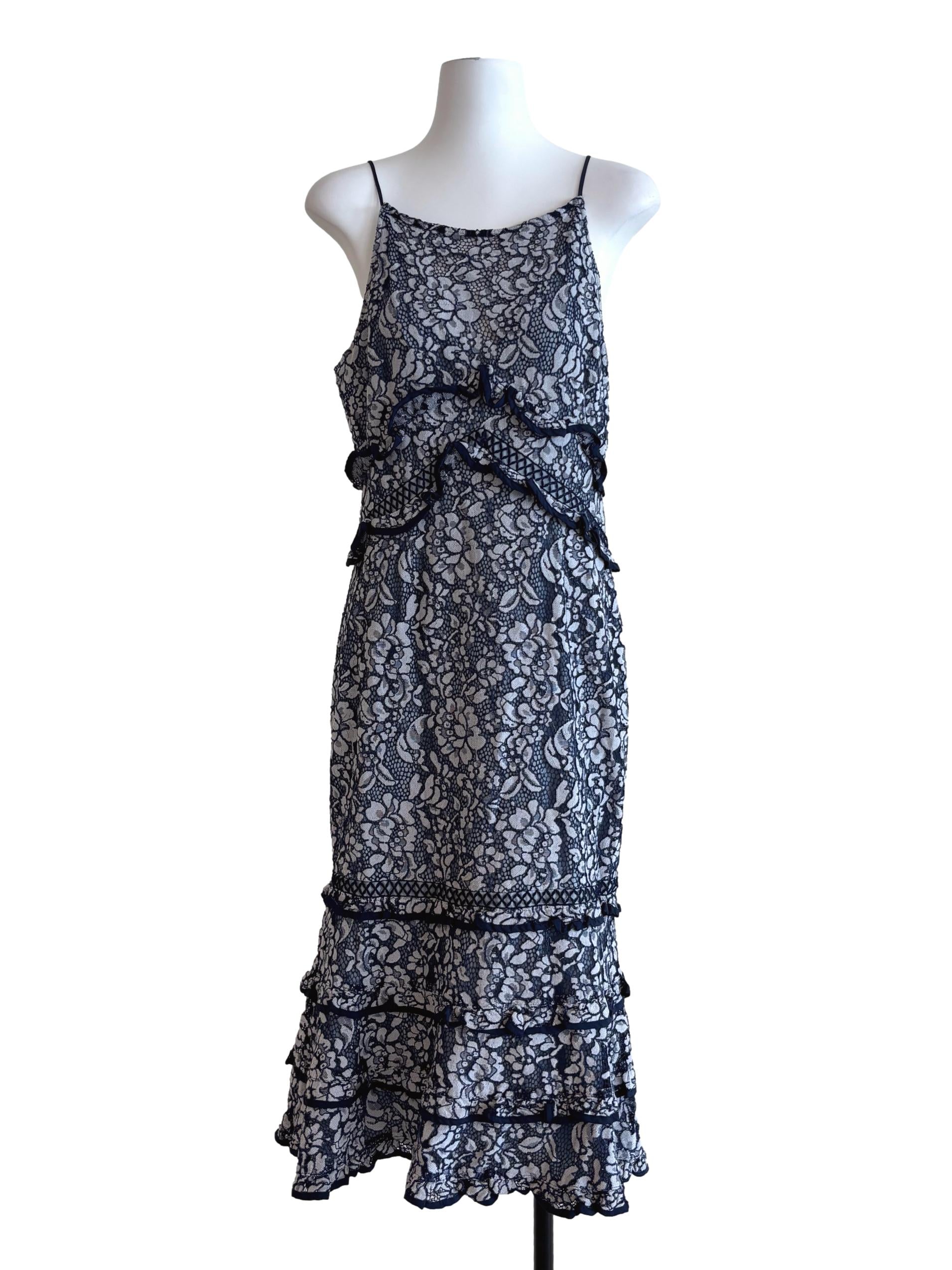 Navy Blue Spaghetti Strap Pencil Lace Dress