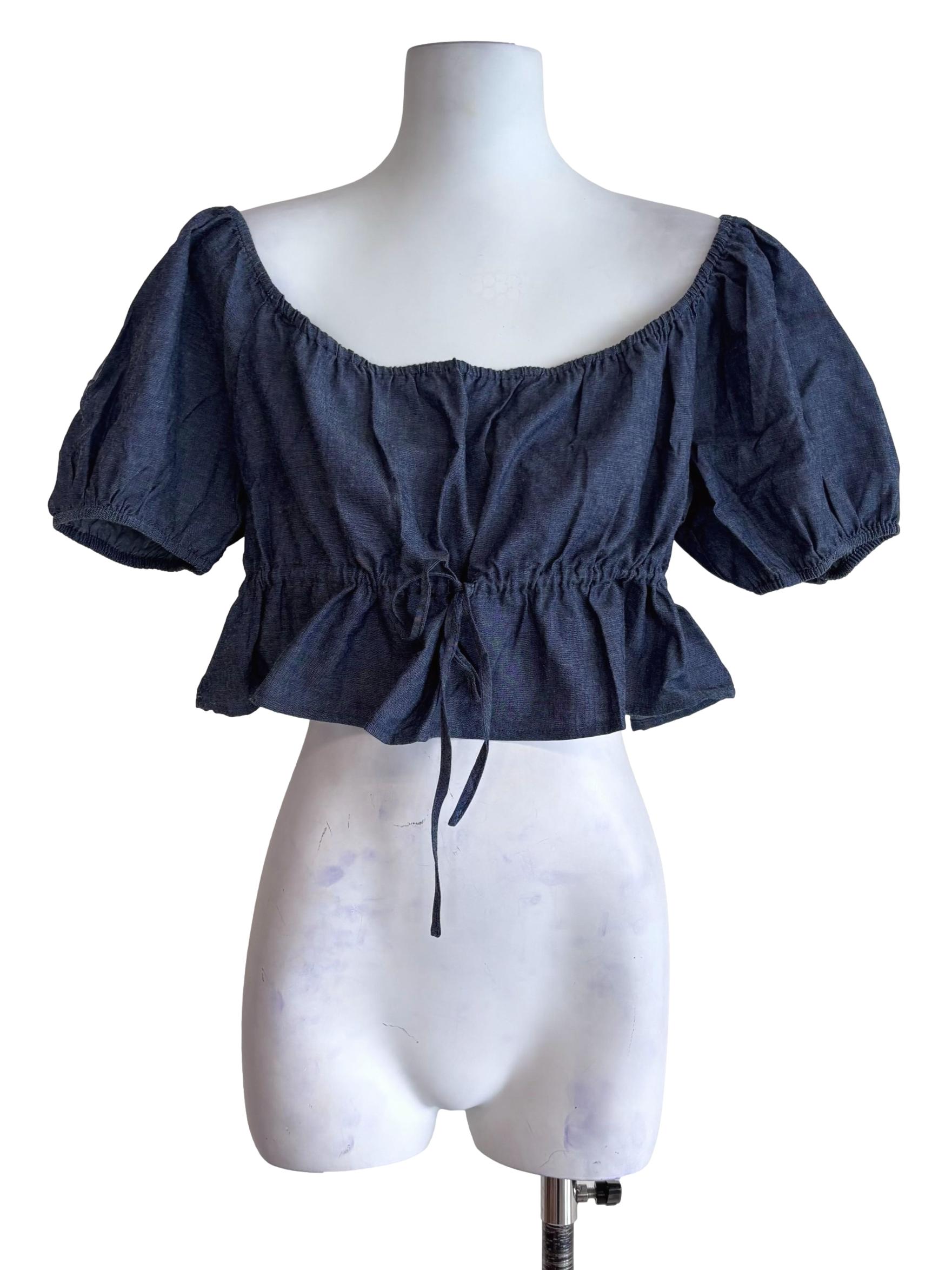 Blue Bert Chambray Puffy Drawstring Sleeve Top