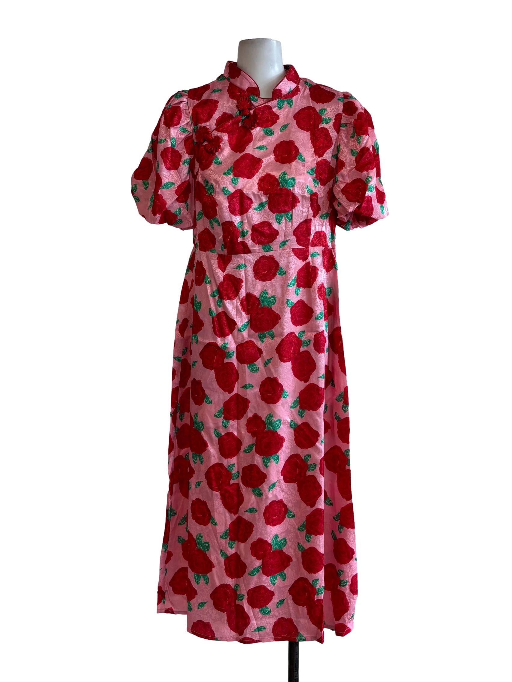 Pink Rose Short Sleeve Cheongsam Dress