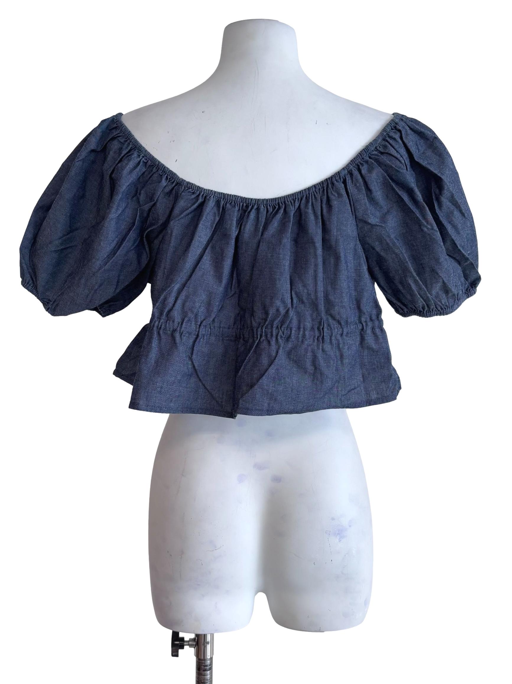 Blue Bert Chambray Puffy Drawstring Sleeve Top