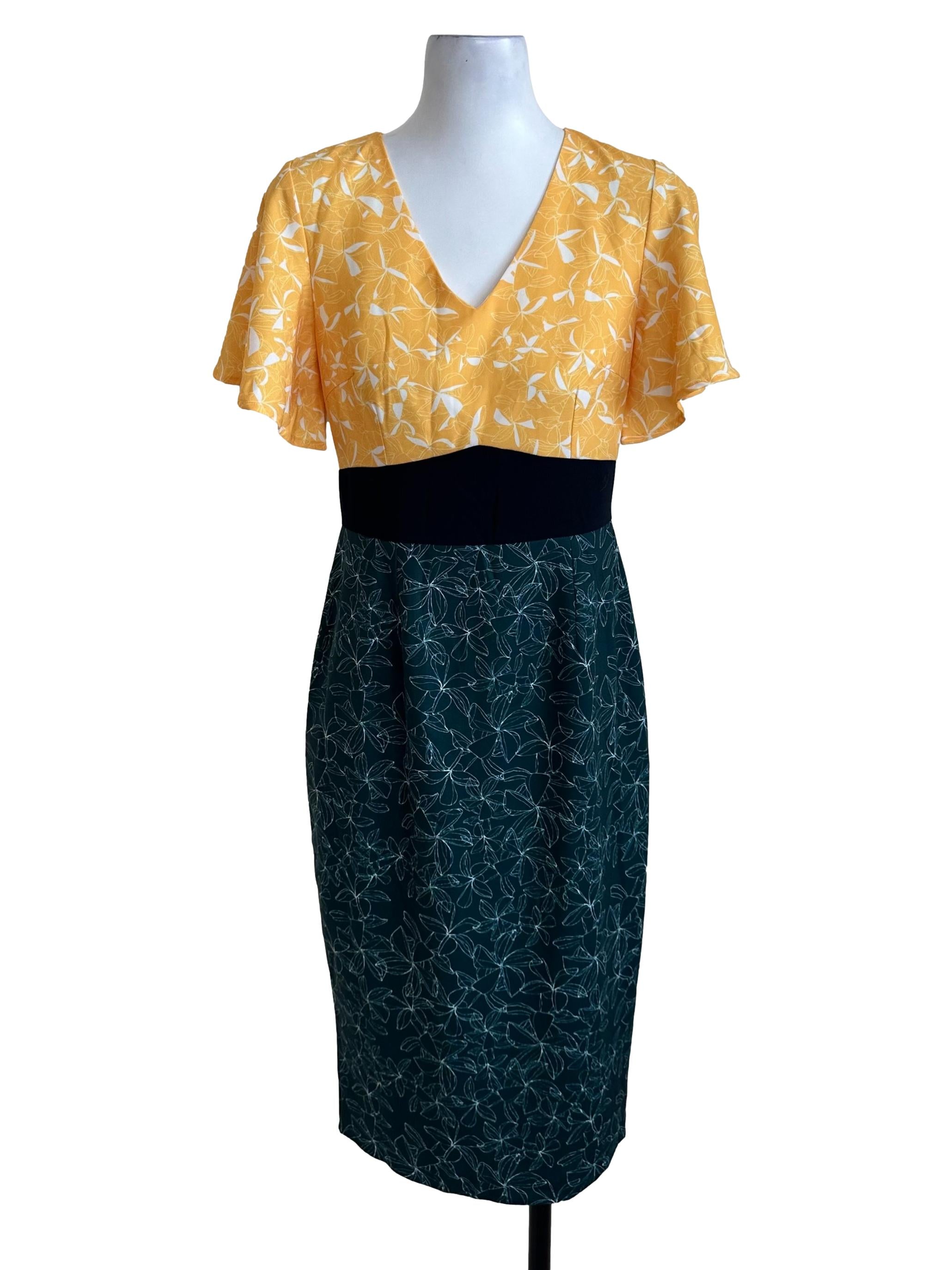 Yellow Green Pattern V Neck Dress