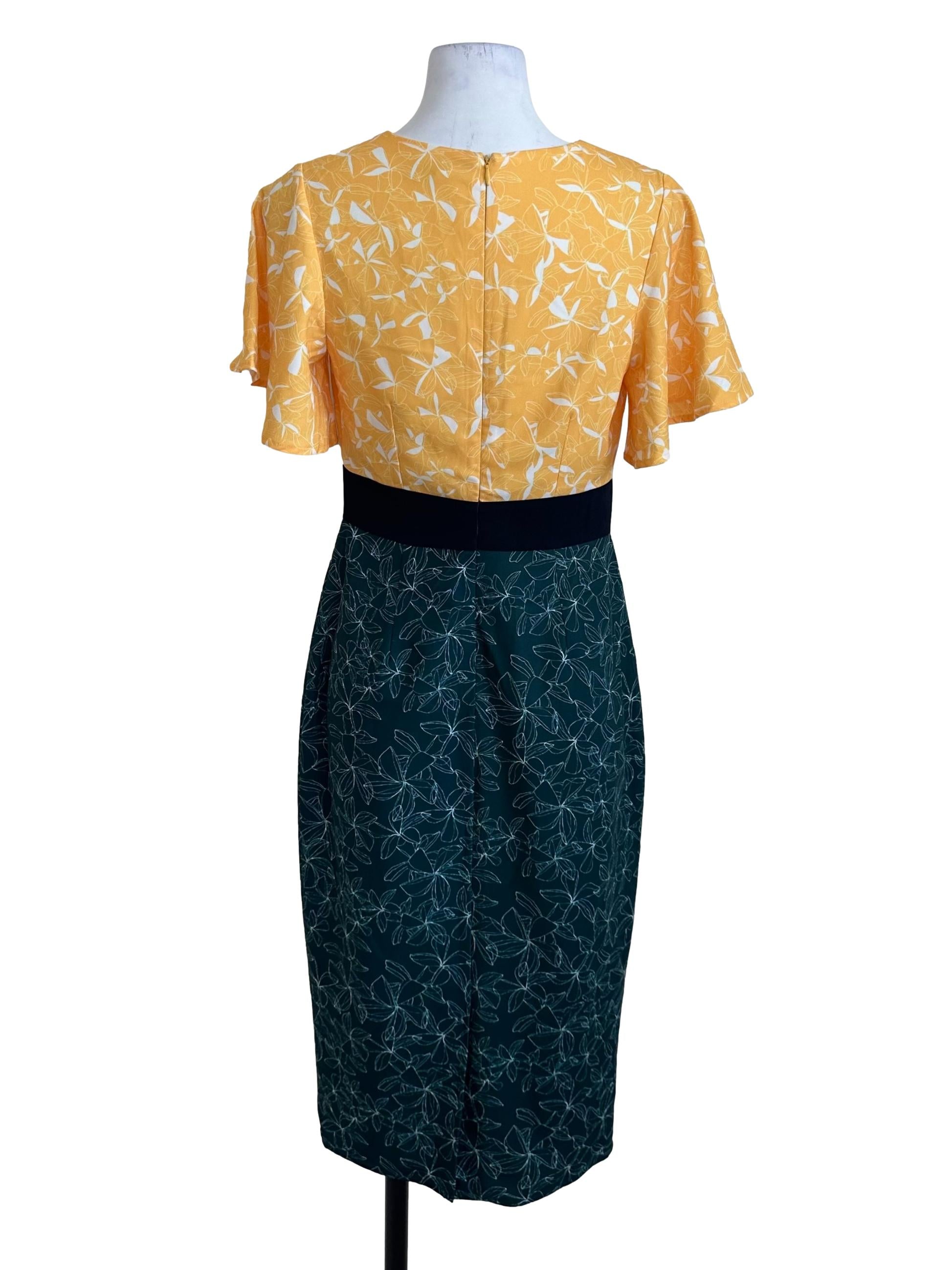 Yellow Green Pattern V Neck Dress