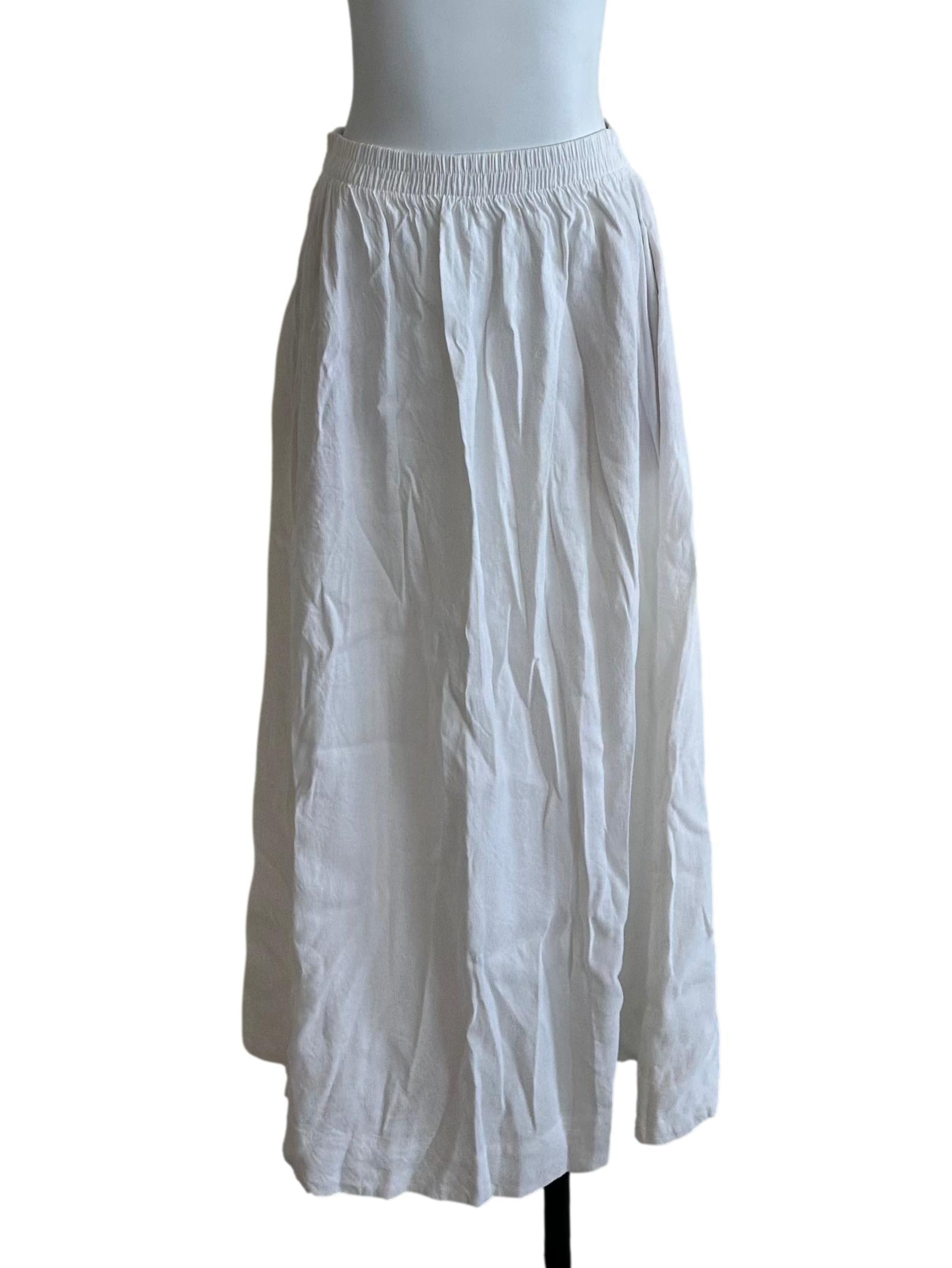Salt White Elastic Waist Linen Slit Skirt