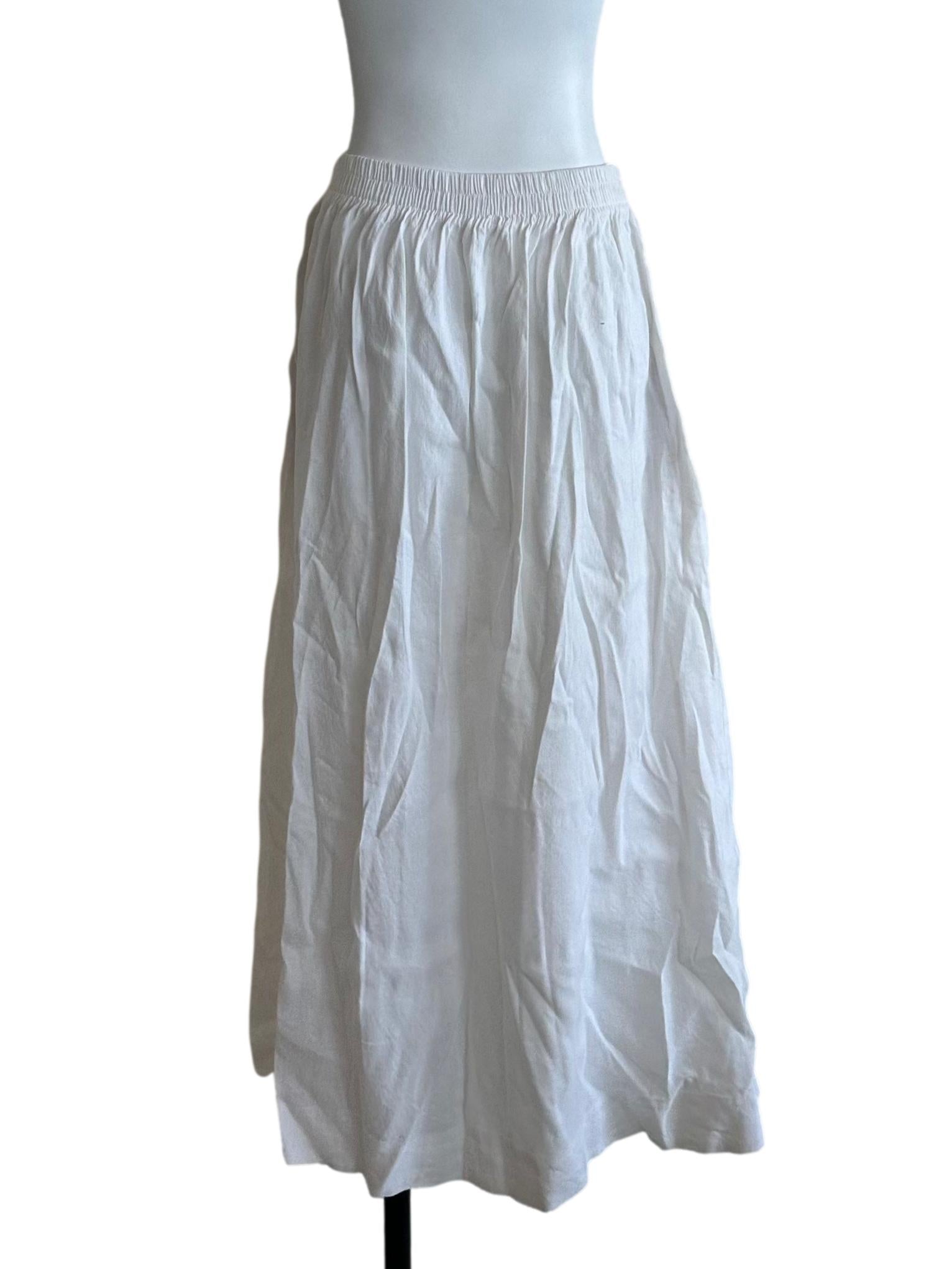 Salt White Elastic Waist Linen Slit Skirt