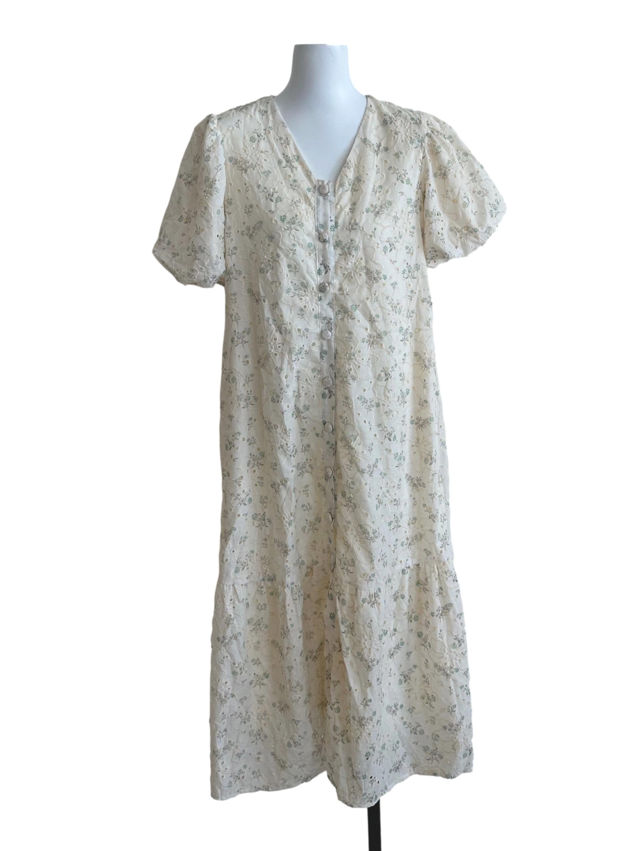 Cream Yellow Floral Embroidery Button Dress