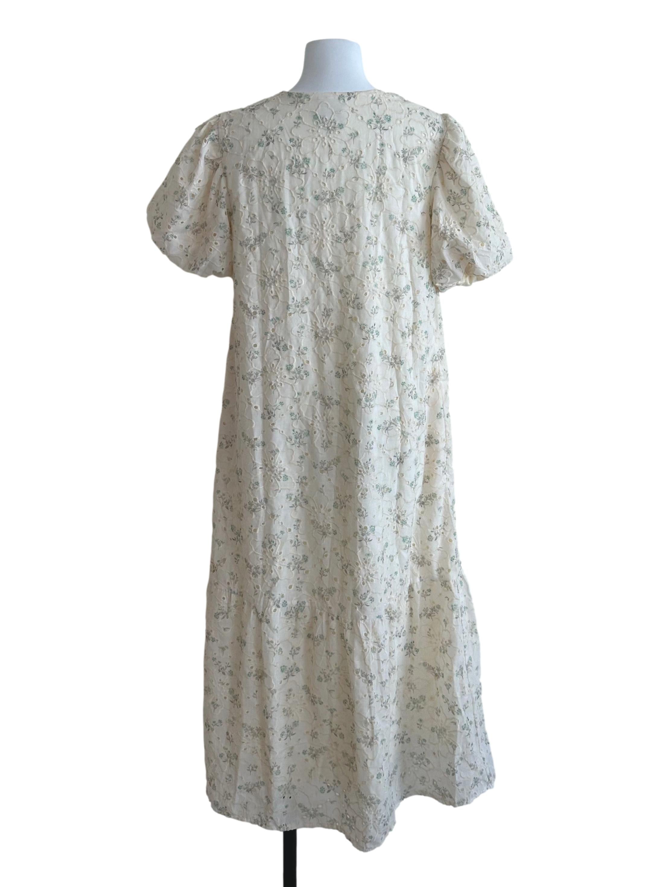 Cream Yellow Floral Embroidery Button Dress
