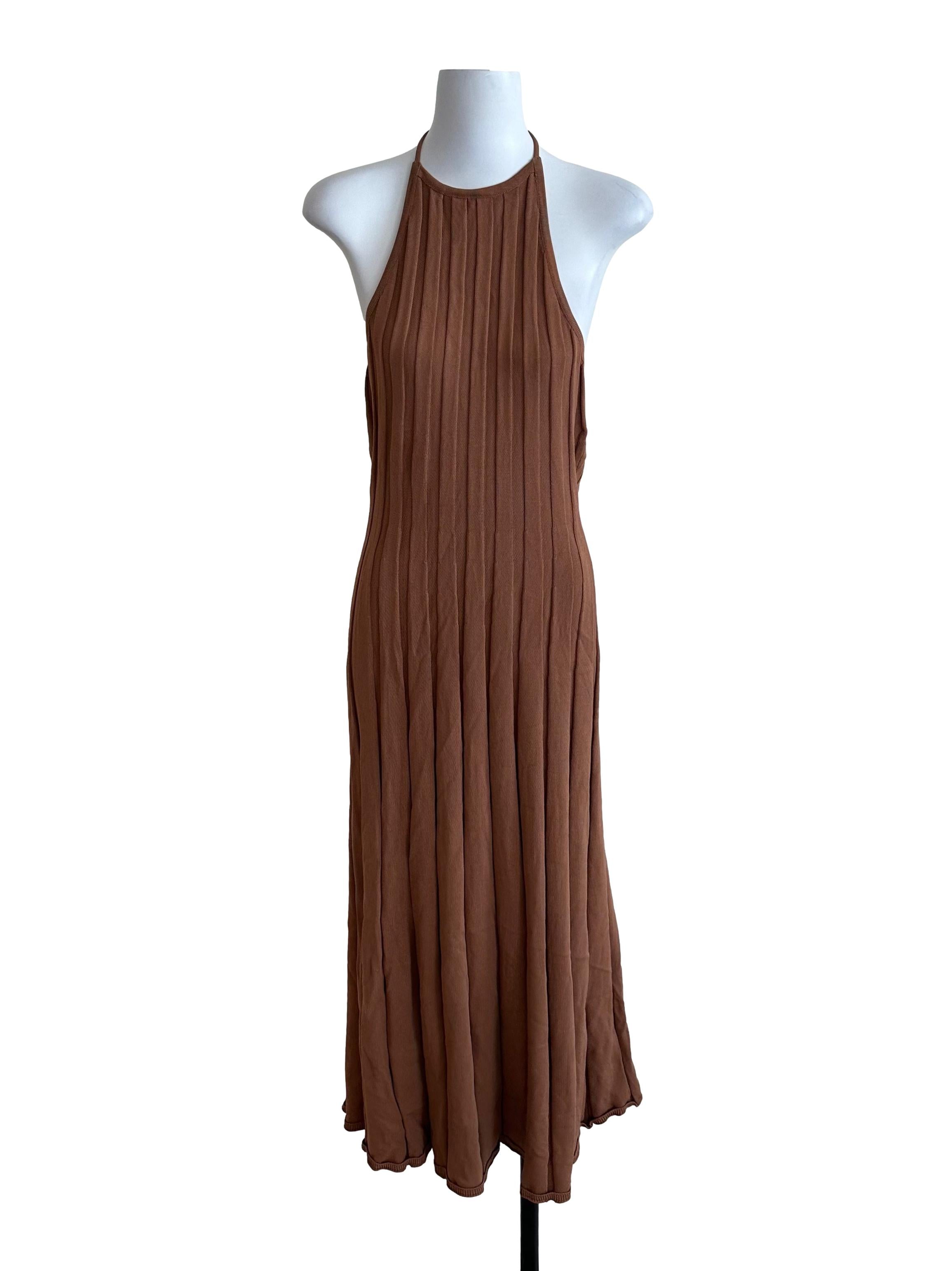 Mocha Brown Knit Halter Backless Dress
