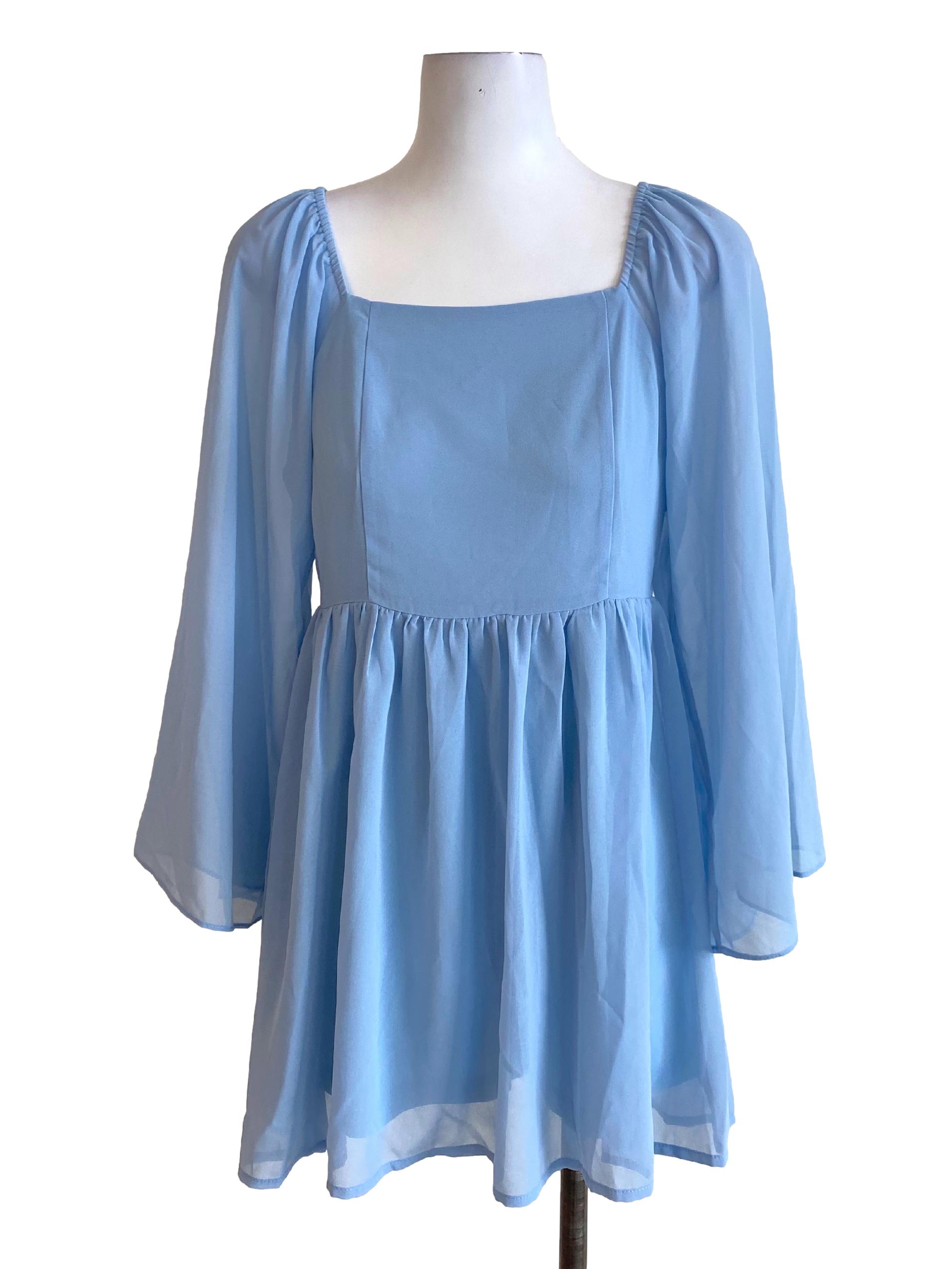 Sky Blue Long Cape Sleeve Square Neck A-Line Dress
