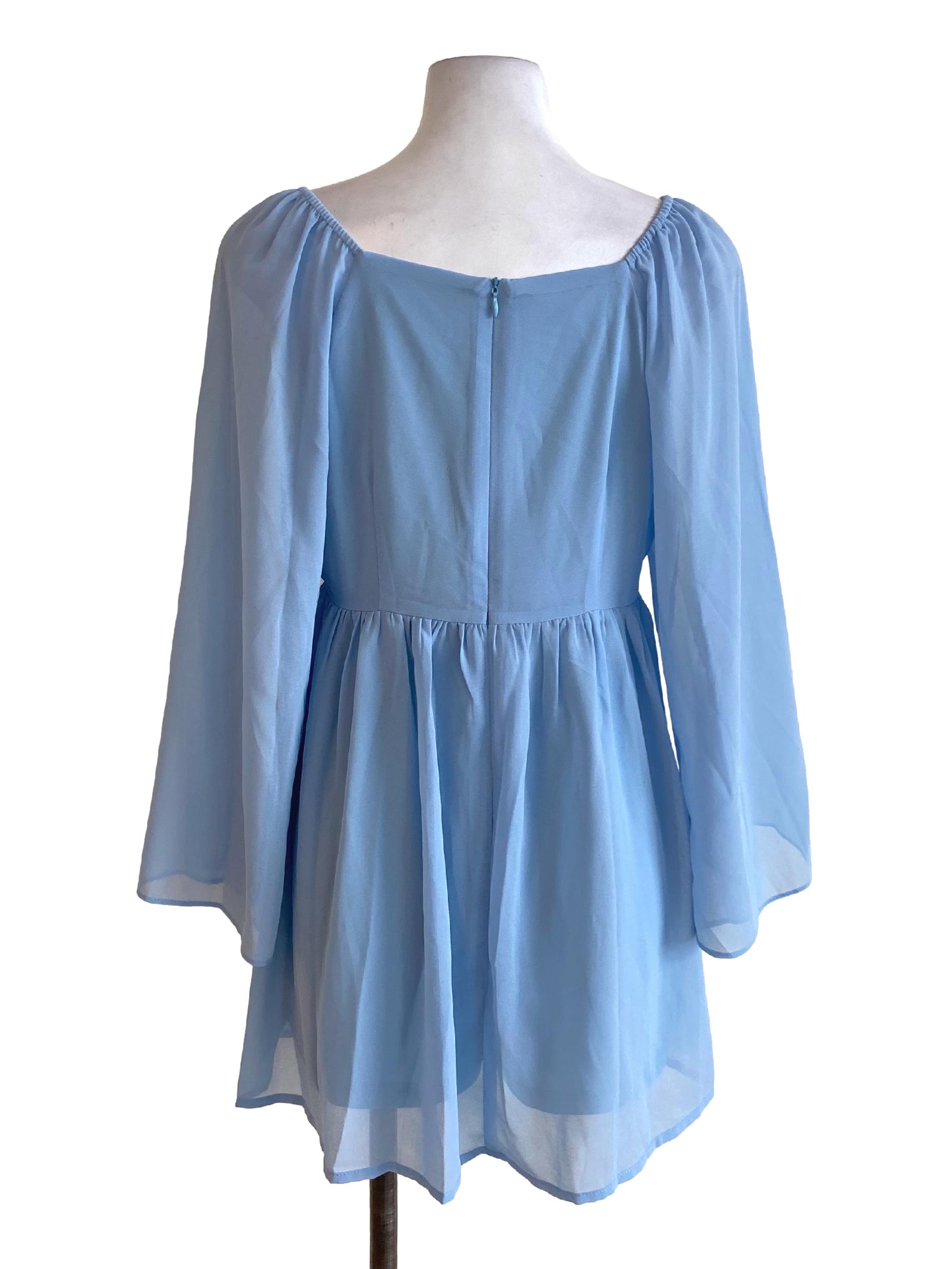 Sky Blue Long Cape Sleeve Square Neck A-Line Dress
