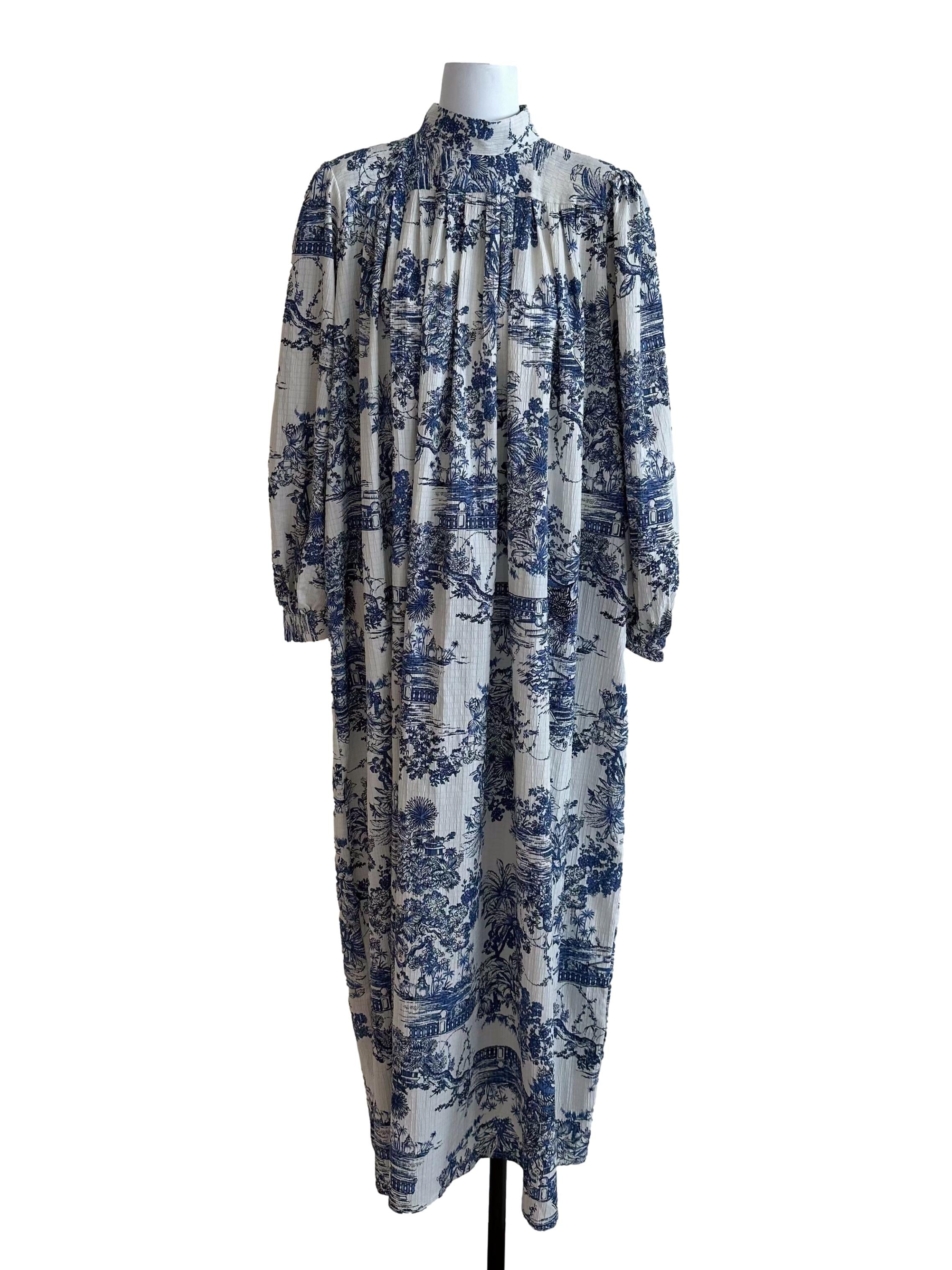 Blue White Pattern High Neck Dress