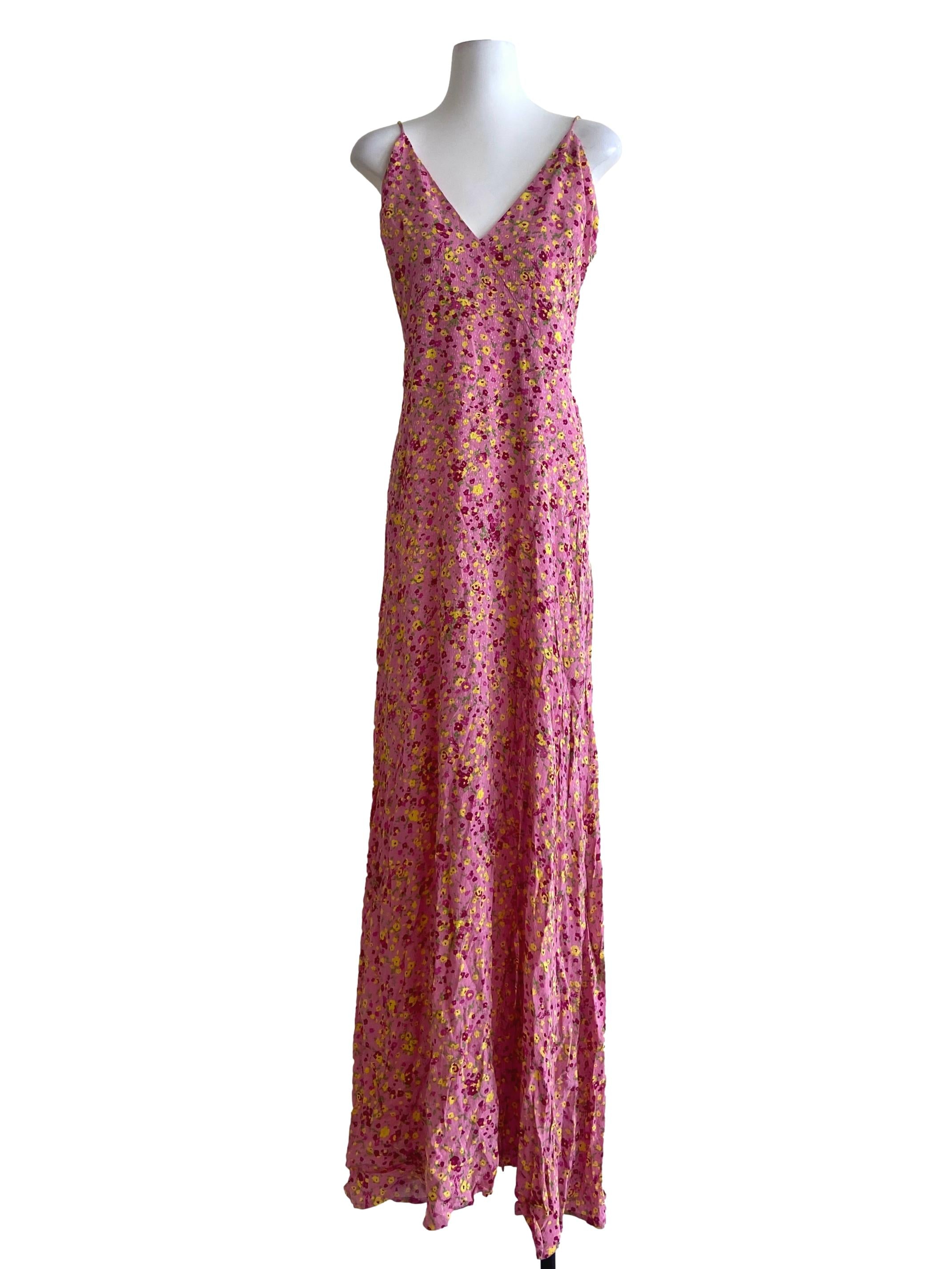 Watermelon Pink Floral Spaghetti Straps Slit Empire Dress