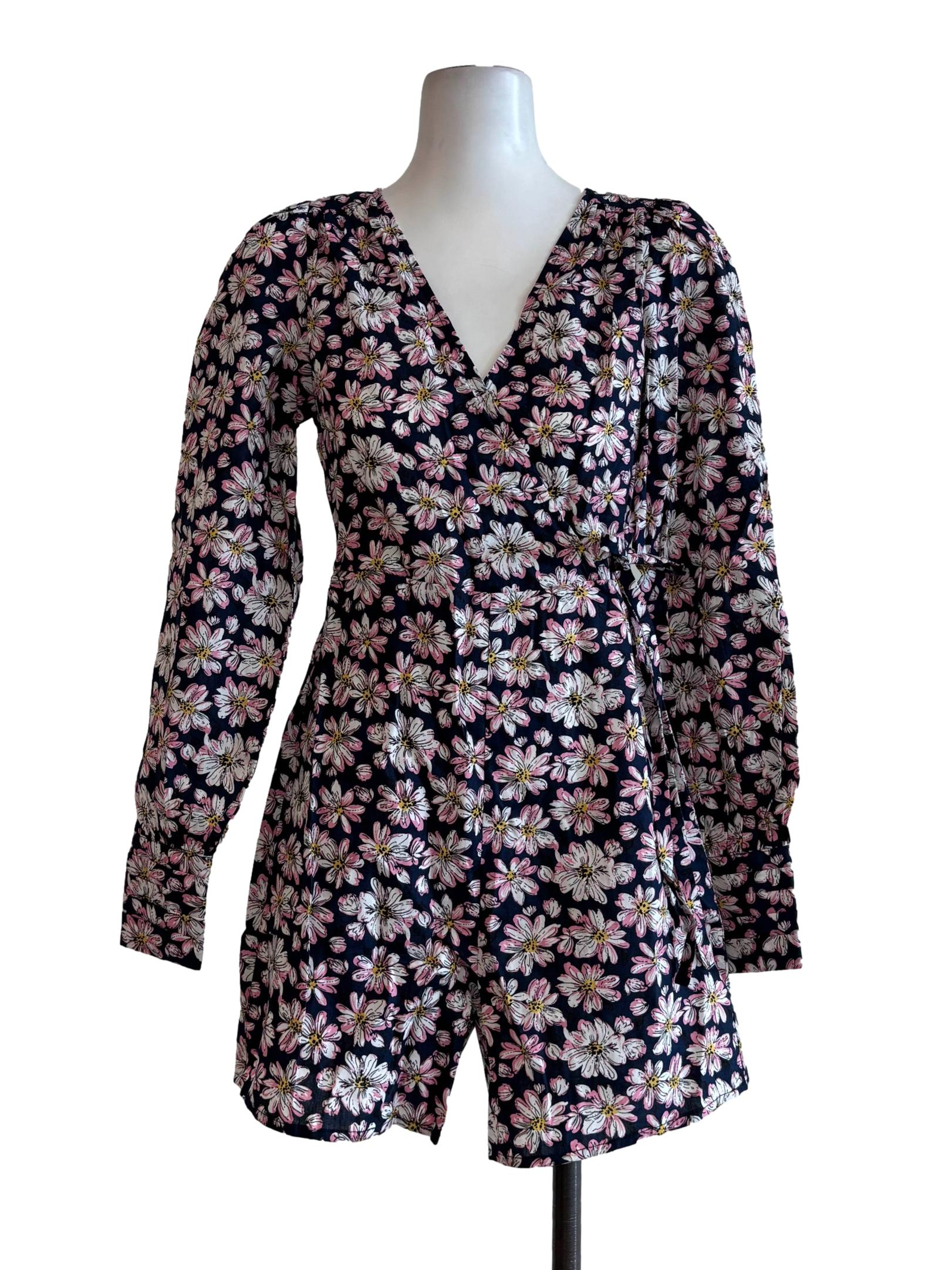 Navy Blue Pink Floral Cotton Dress