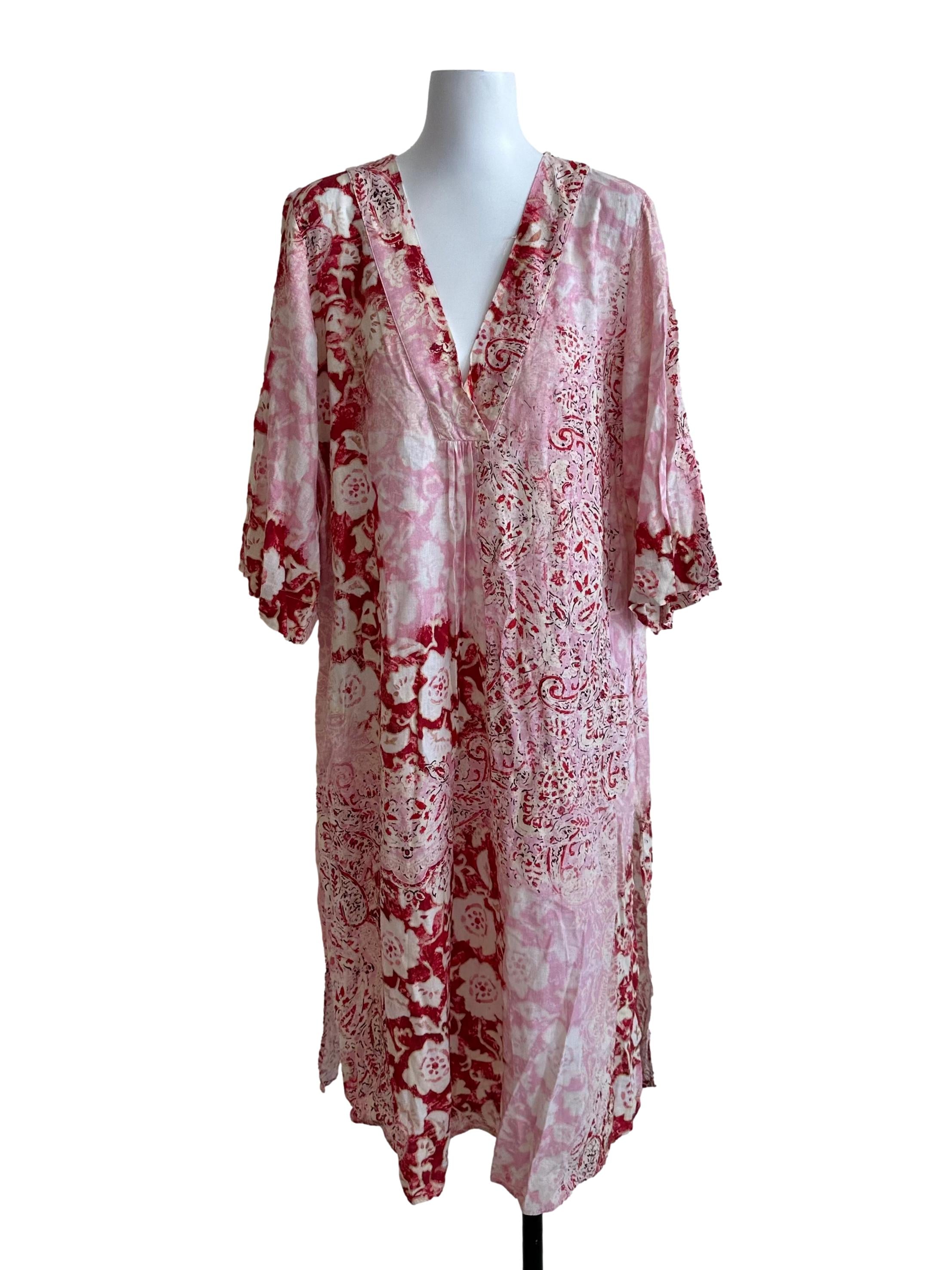 Pink Red Pattern V Neck Slit Dress
