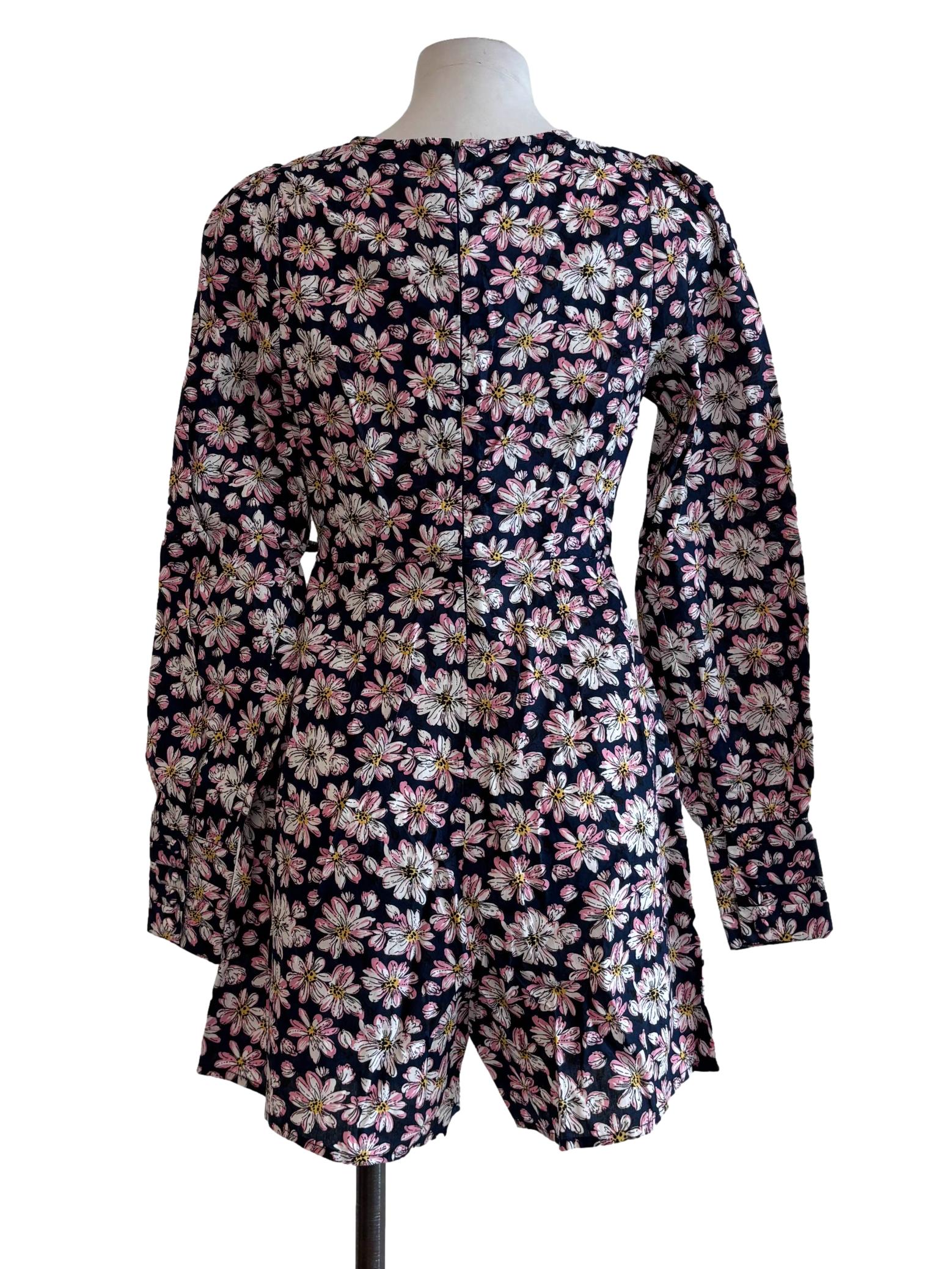 Navy Blue Pink Floral Cotton Dress