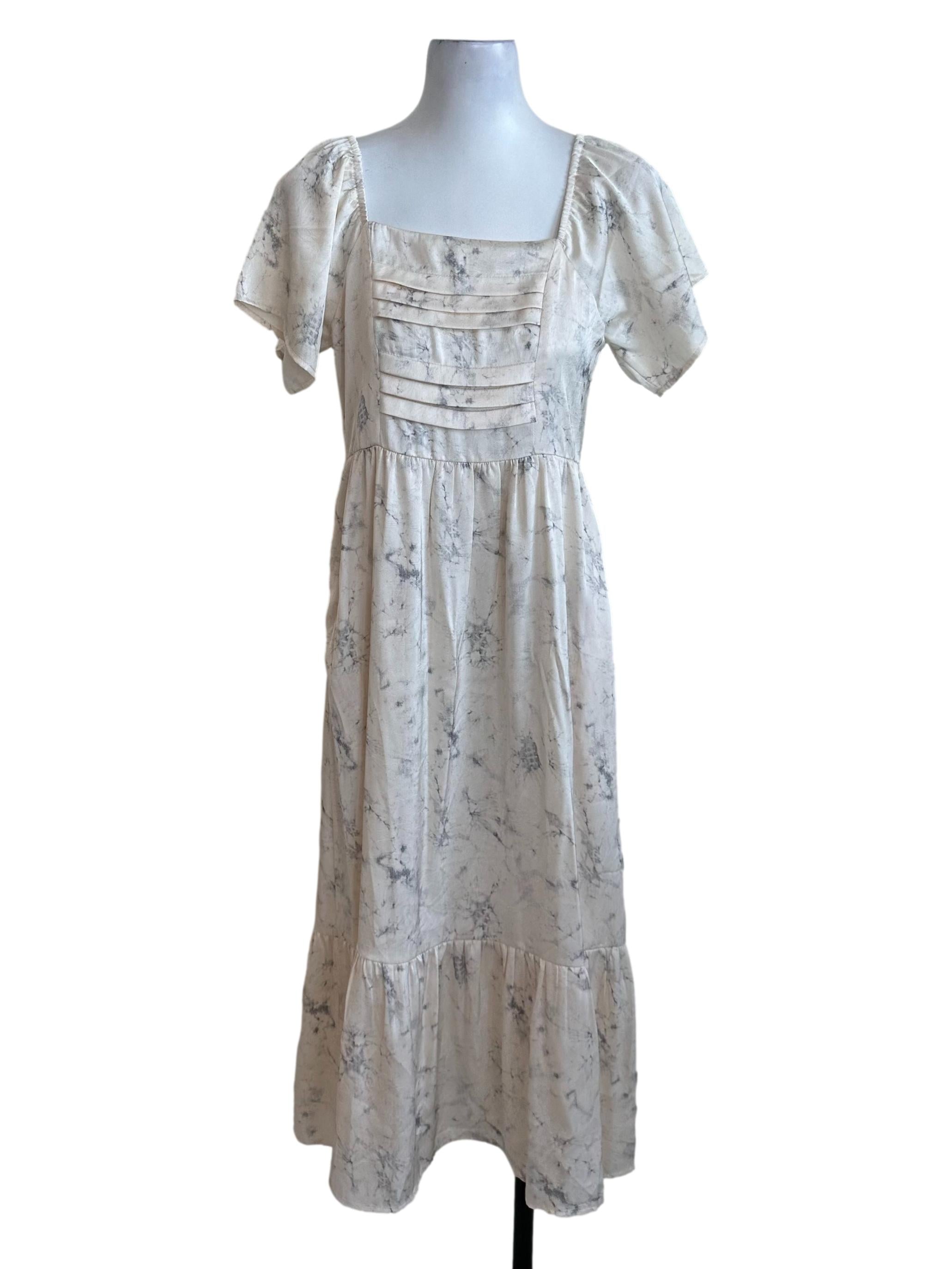 Cream Beige Pattern Pleated Square Neck Dress