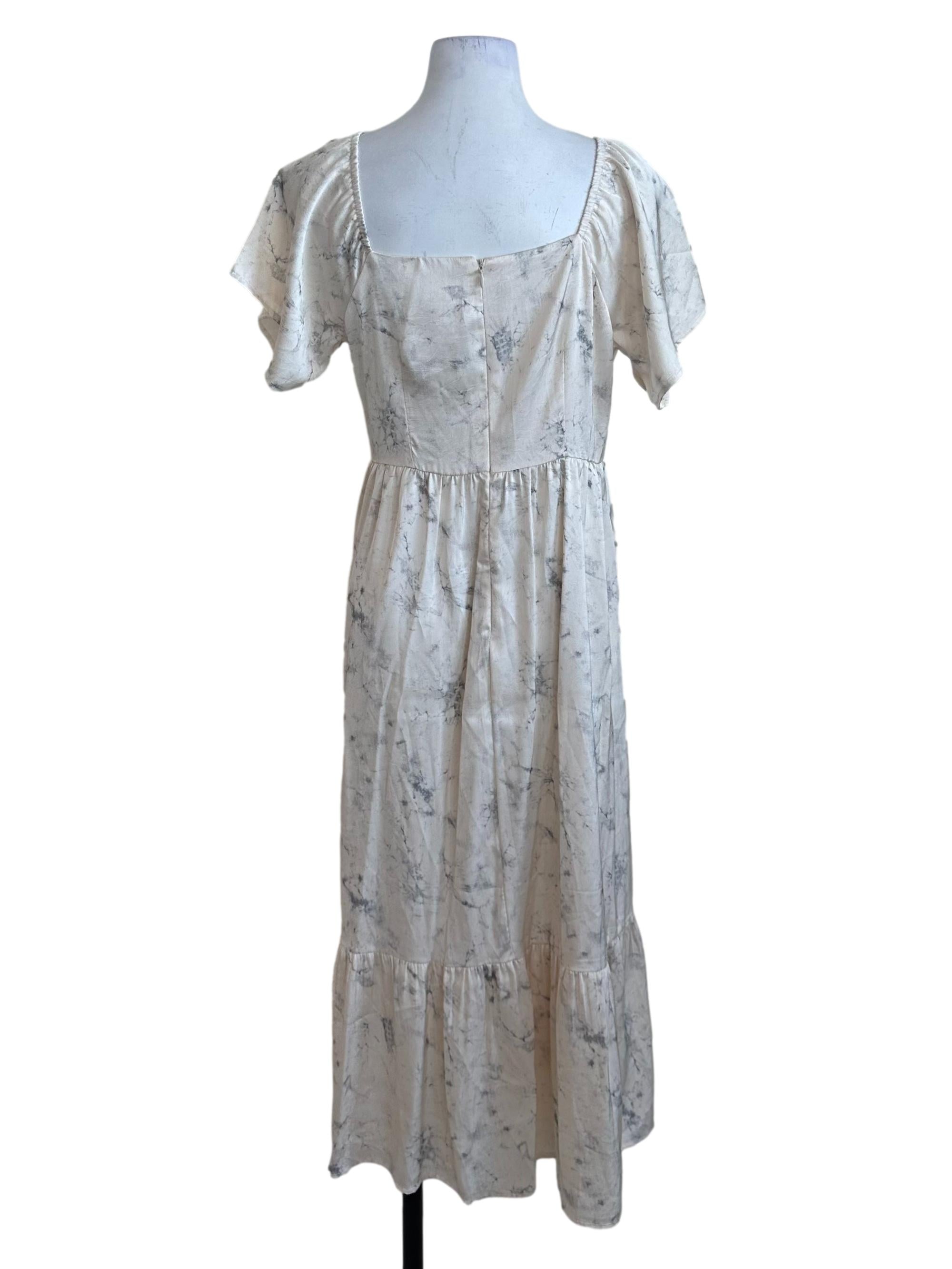 Cream Beige Pattern Pleated Square Neck Dress