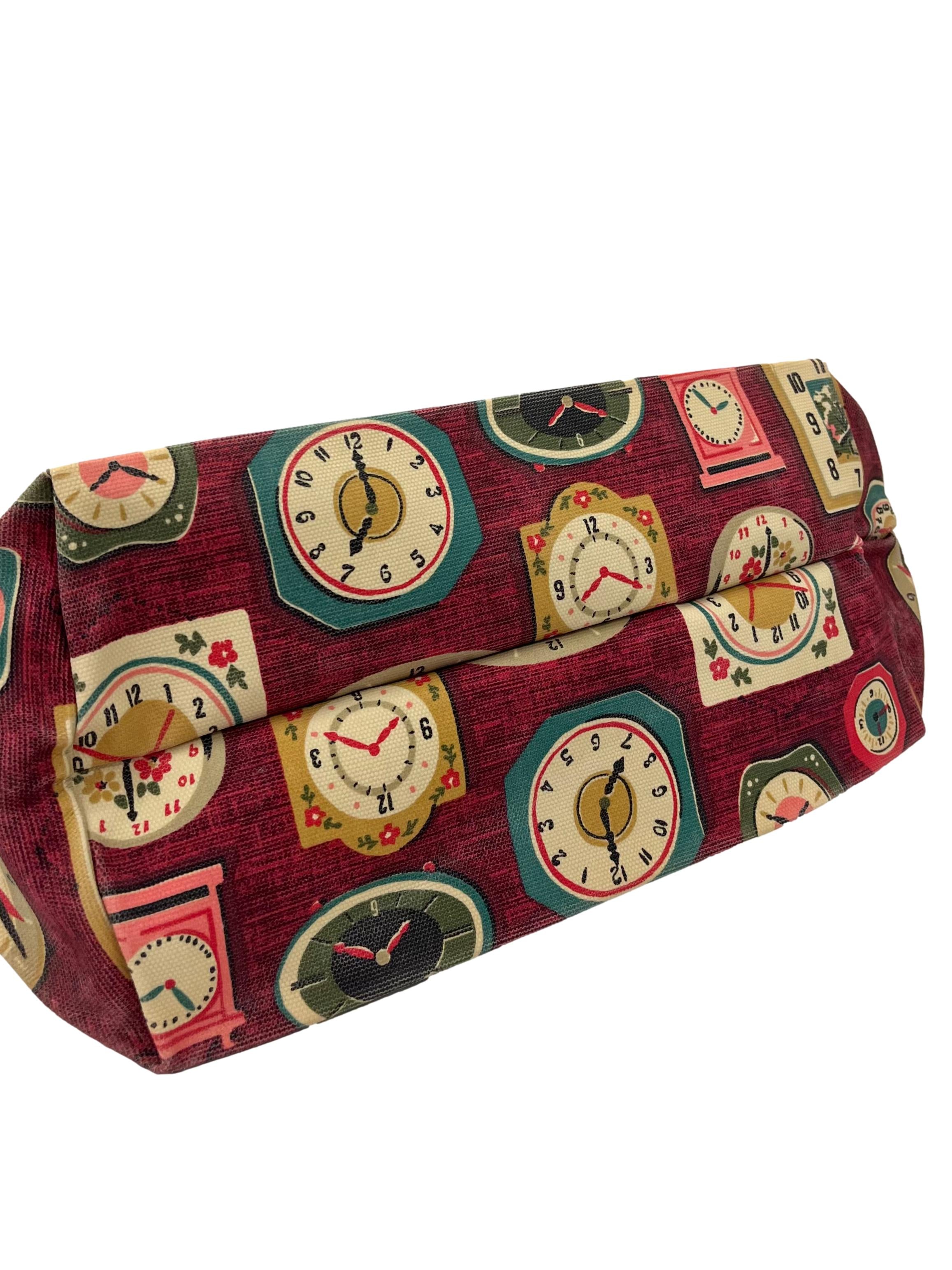 Multi Colour Clock Print Tote Bag With Leather Trims