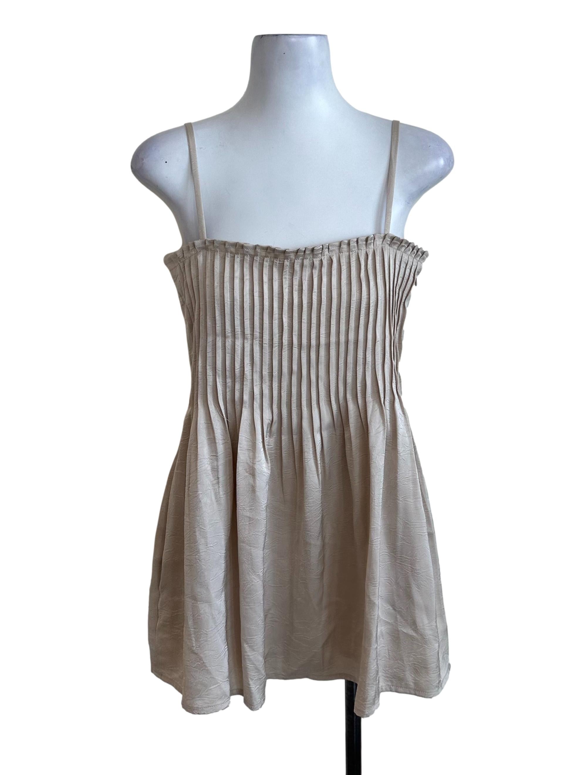 Sand Beige Pleated Mini Dress