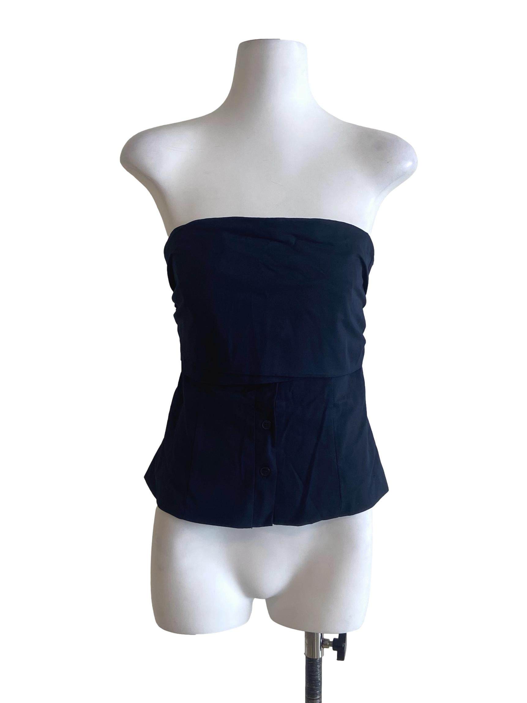 Navy Blue Strapless Button Down Crop Top
