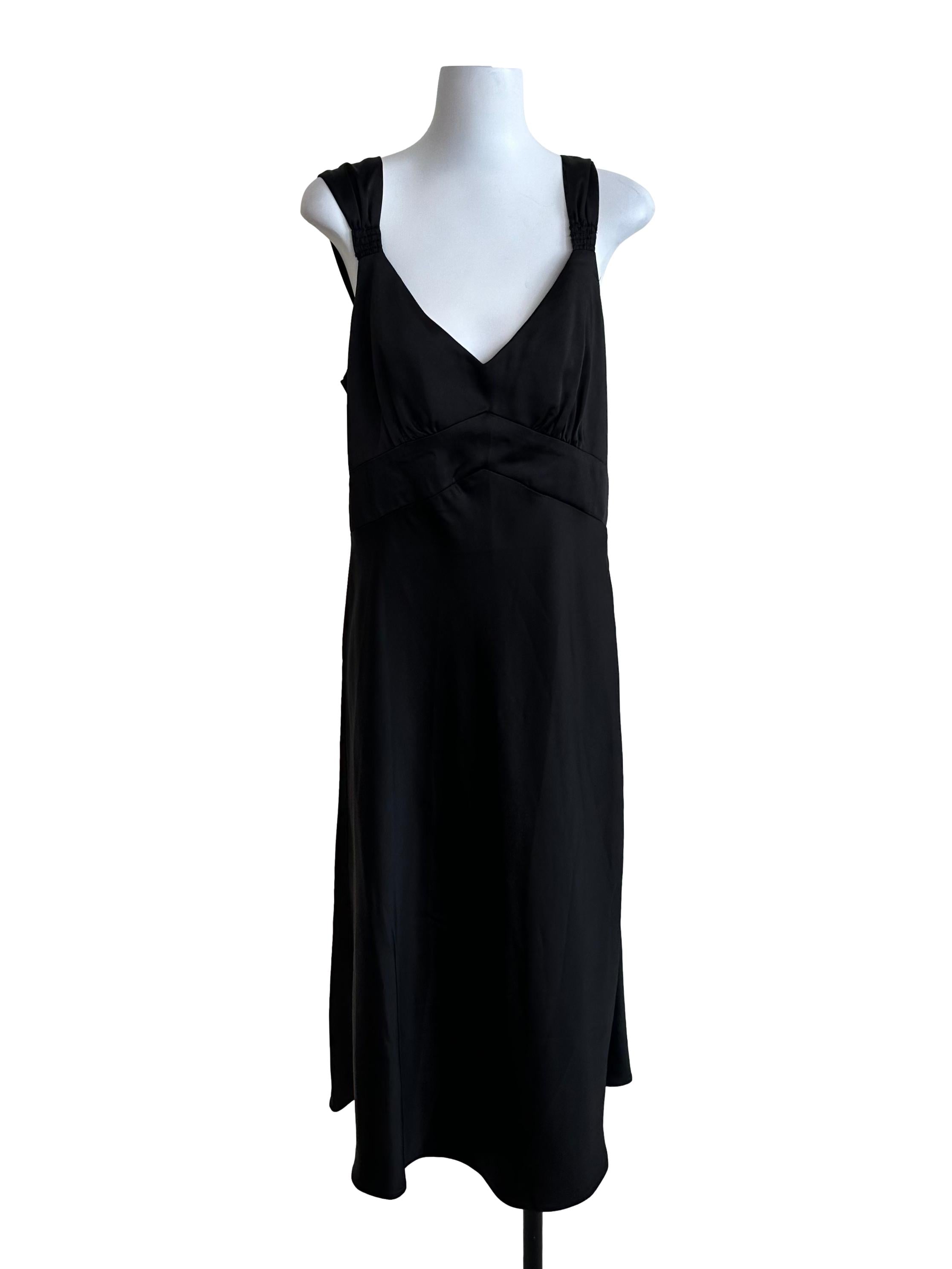 Onyx Black Deep V Neck Satin Dress