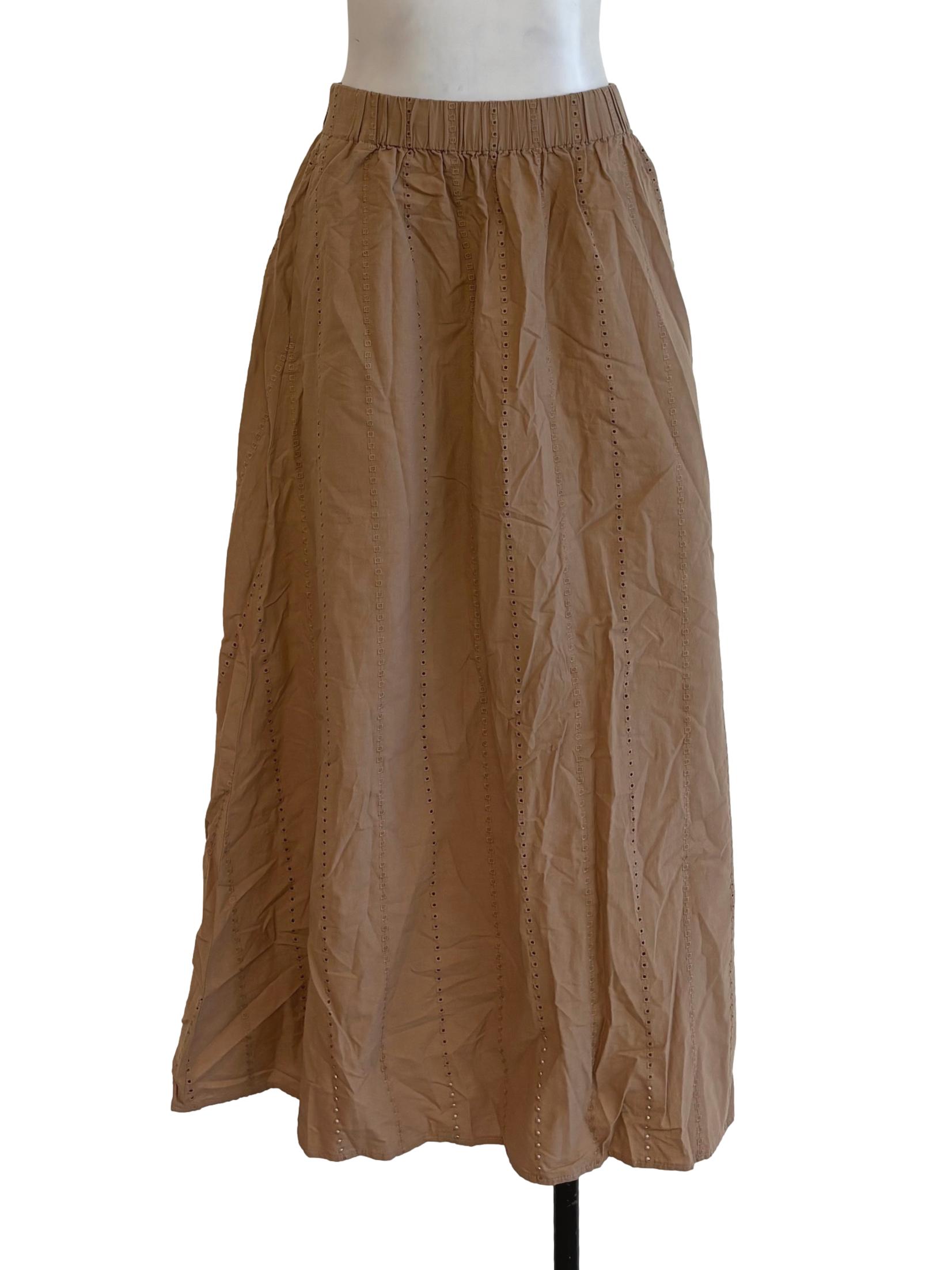 Brown Beige Cotton Embroidery Skirt