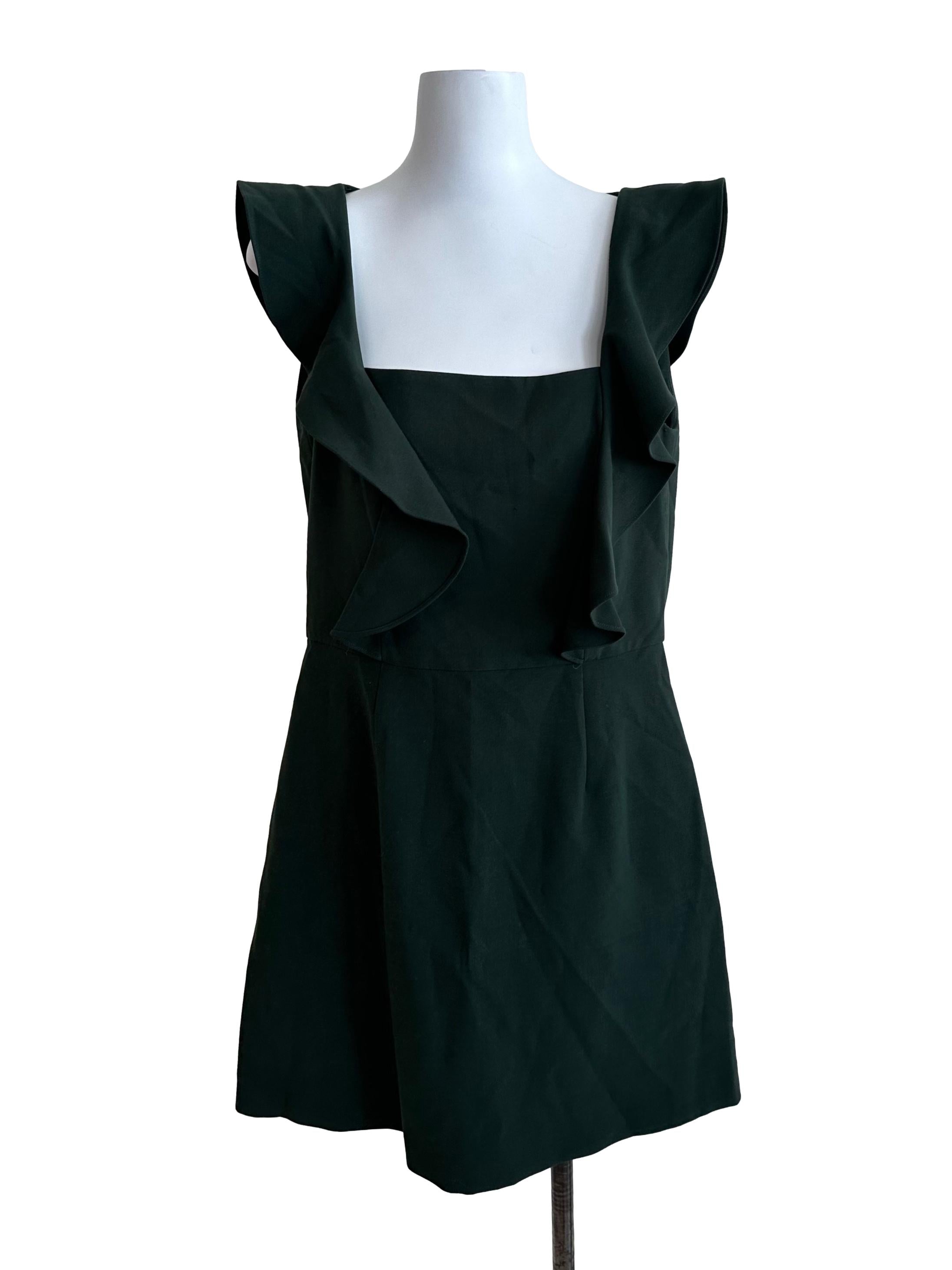 Dark Green Square Neck Ruffle A Line Dress