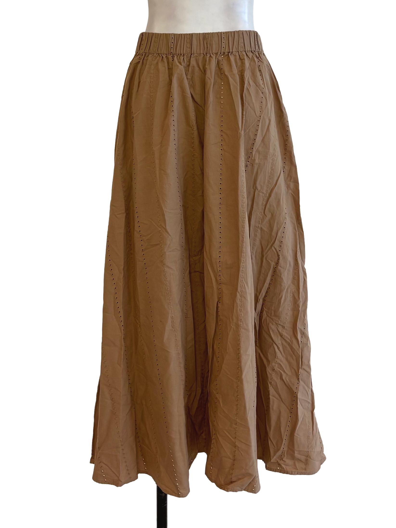 Brown Beige Cotton Embroidery Skirt