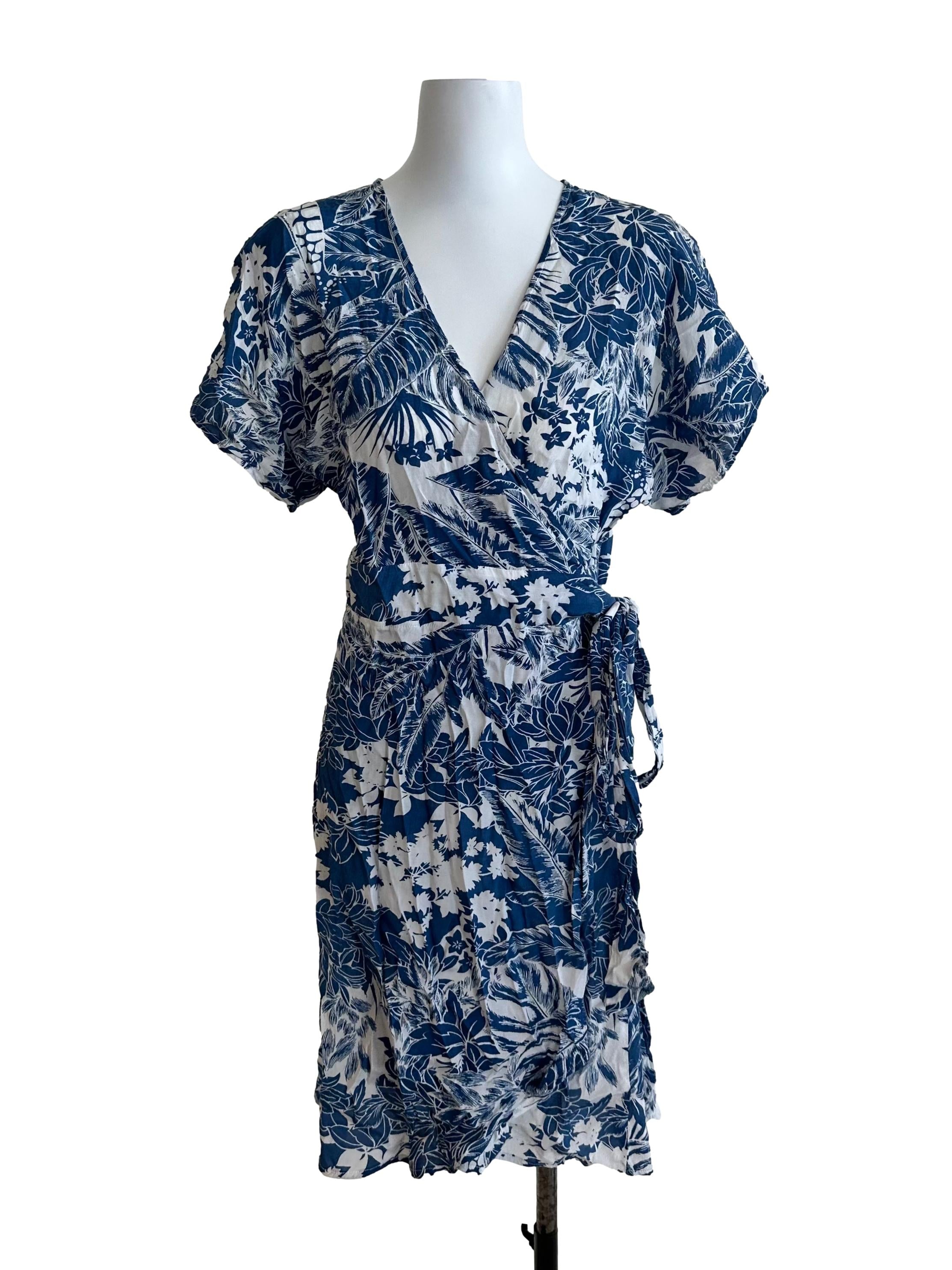 Navy Blue V Neck Pattern Wrap Dress