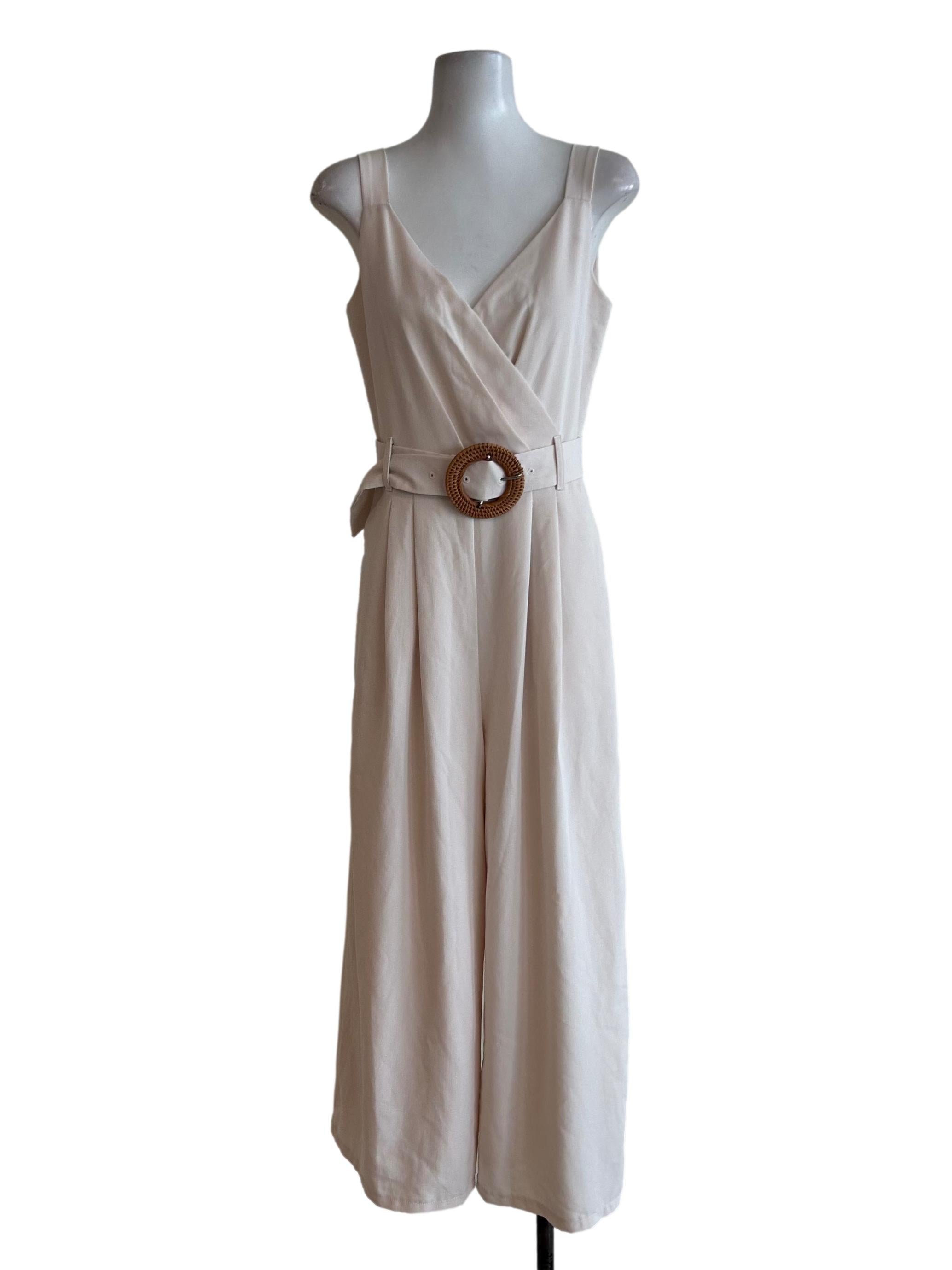 Cream V-Neckline Empire Jumpsuit