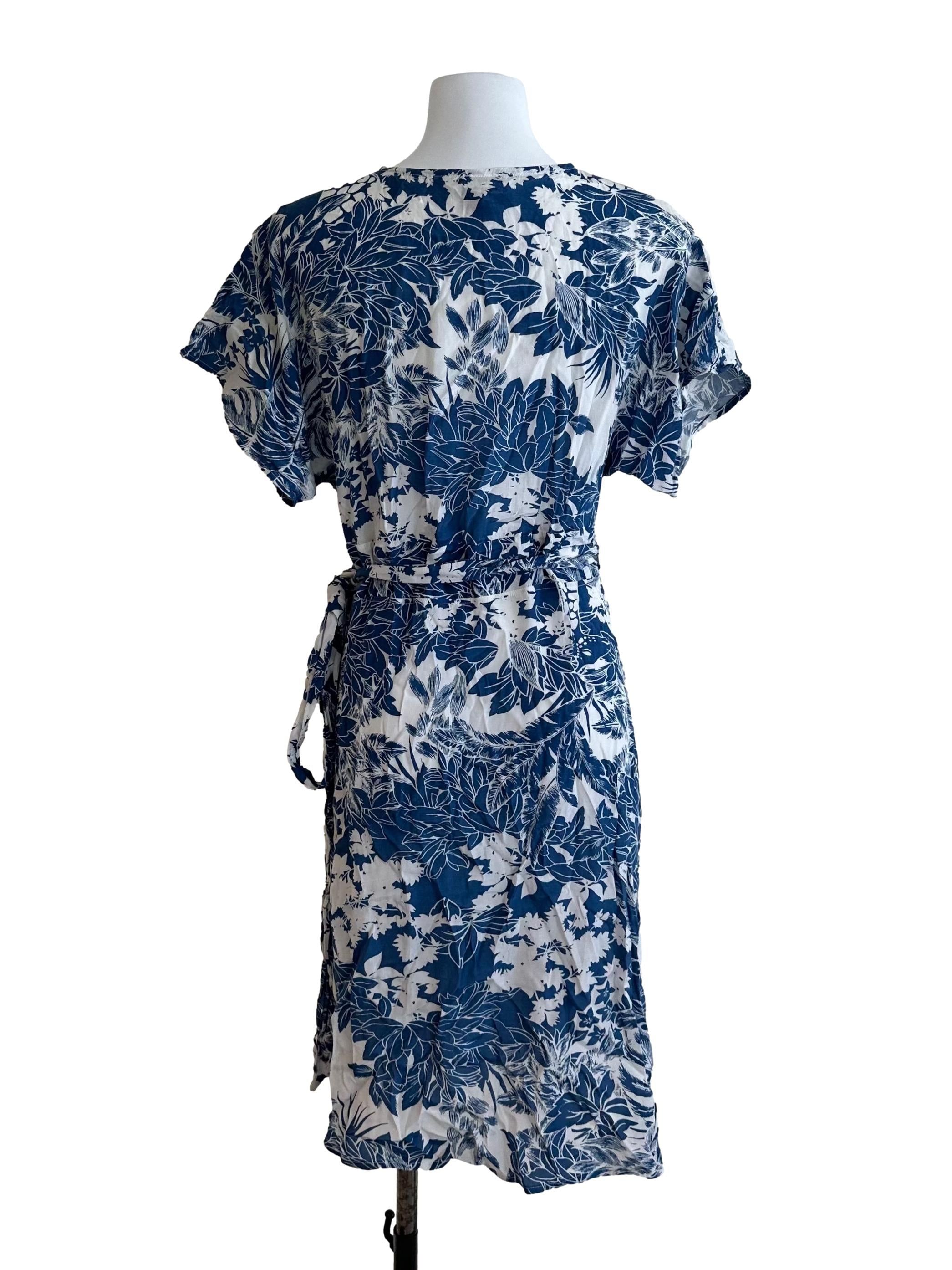 Navy Blue V Neck Pattern Wrap Dress