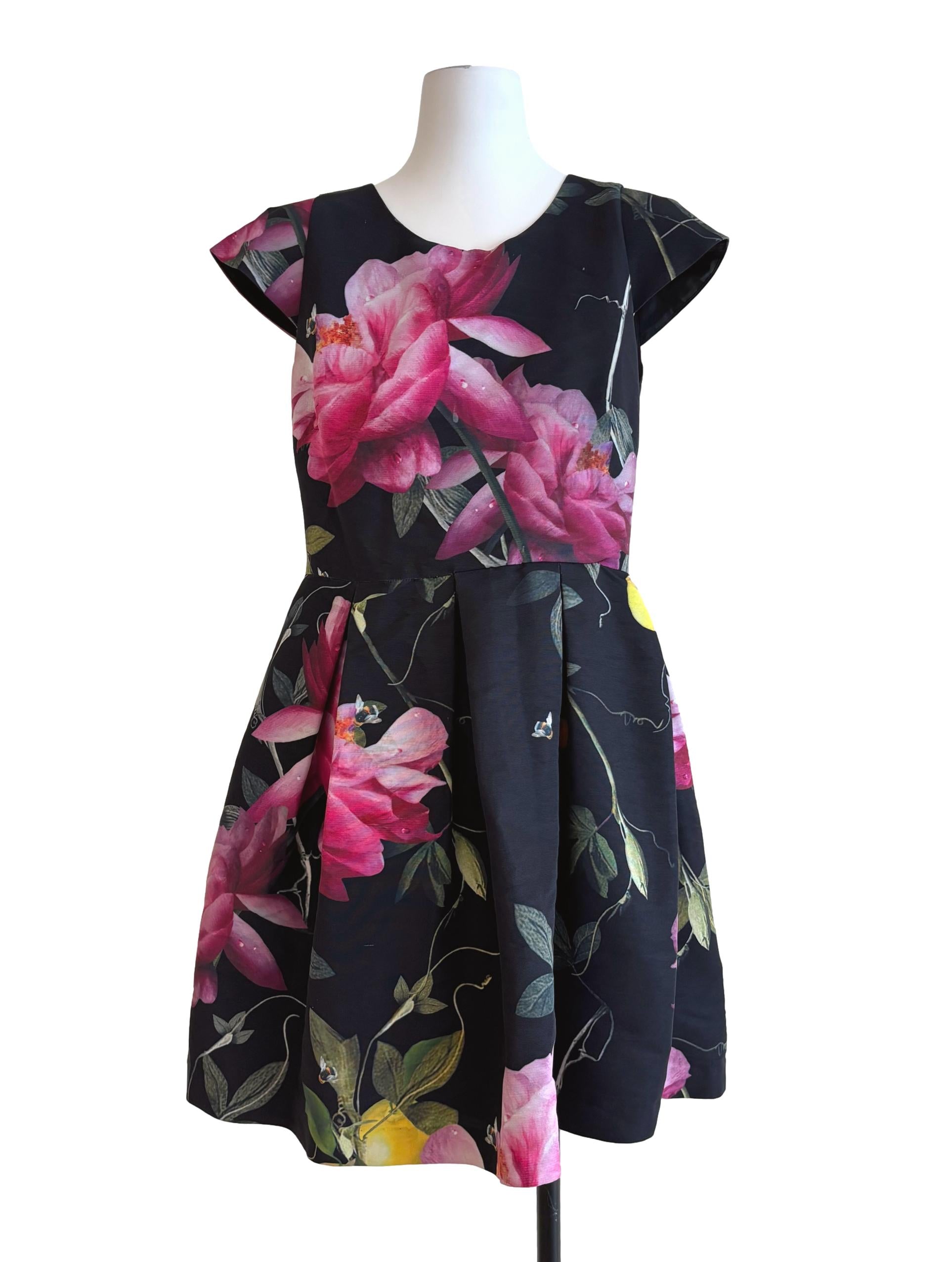 Jet Black Cap Sleeve Floral Dress